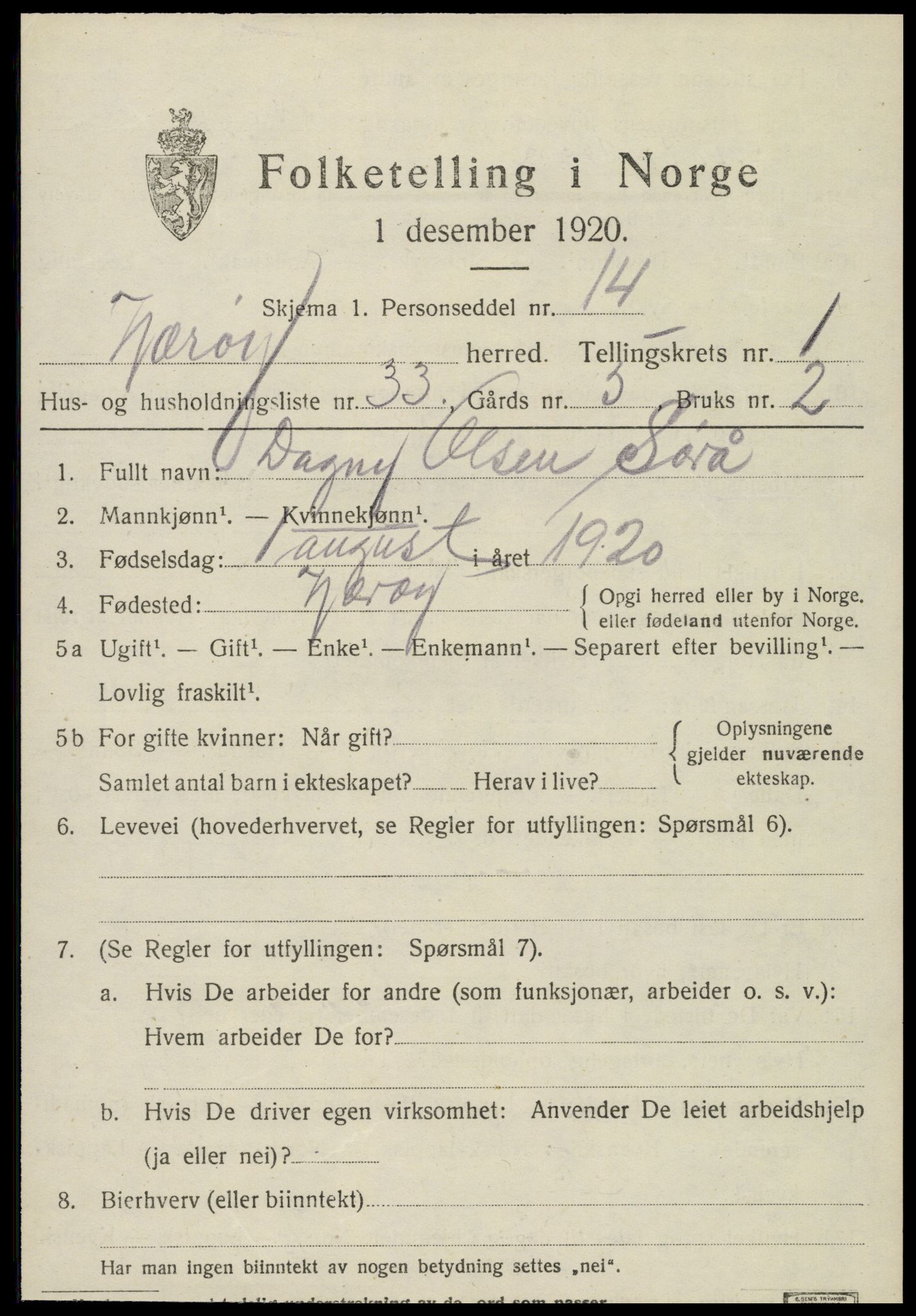 SAT, 1920 census for Nærøy, 1920, p. 1281