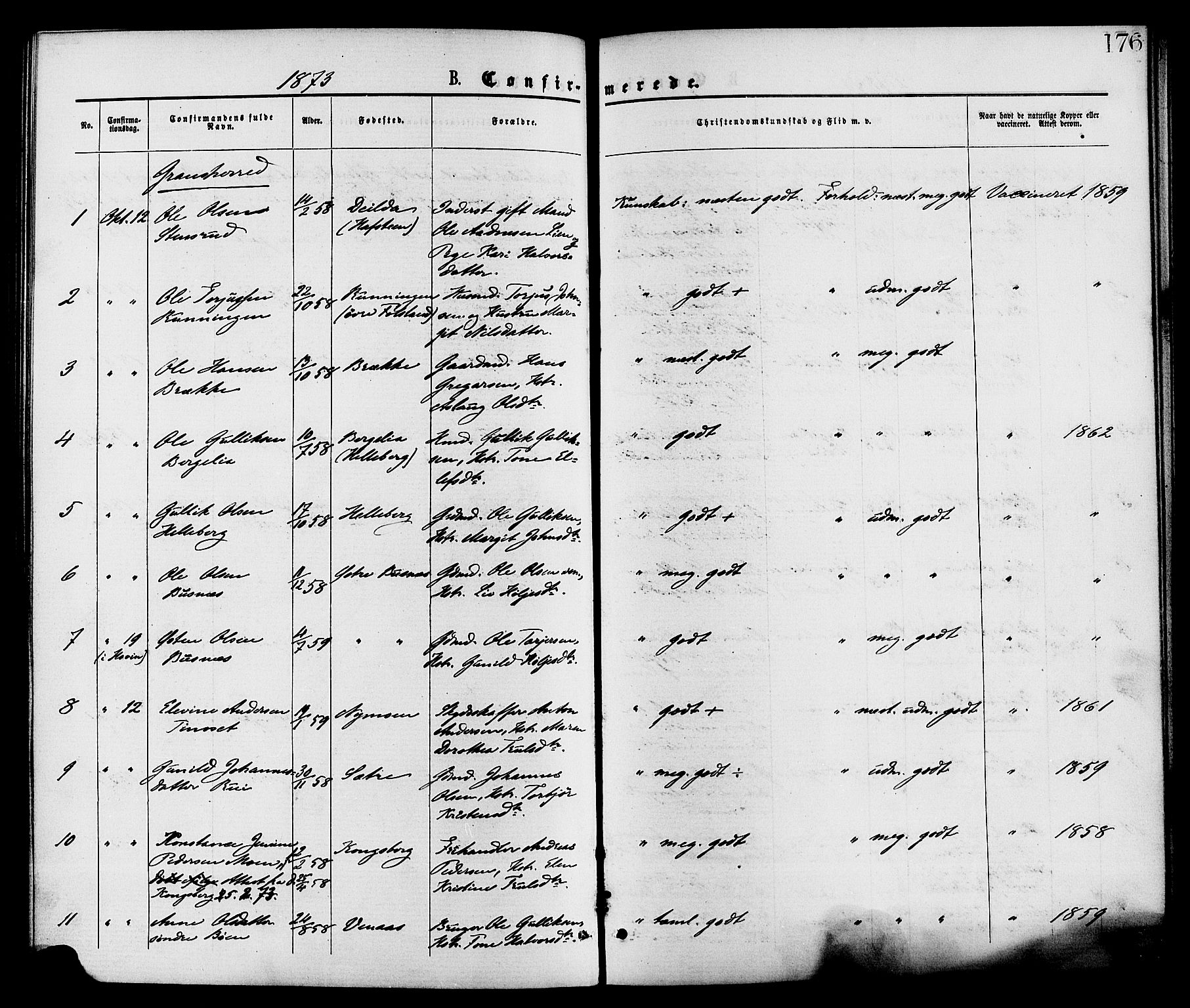 Gransherad kirkebøker, SAKO/A-267/F/Fa/L0004: Parish register (official) no. I 4, 1871-1886, p. 176