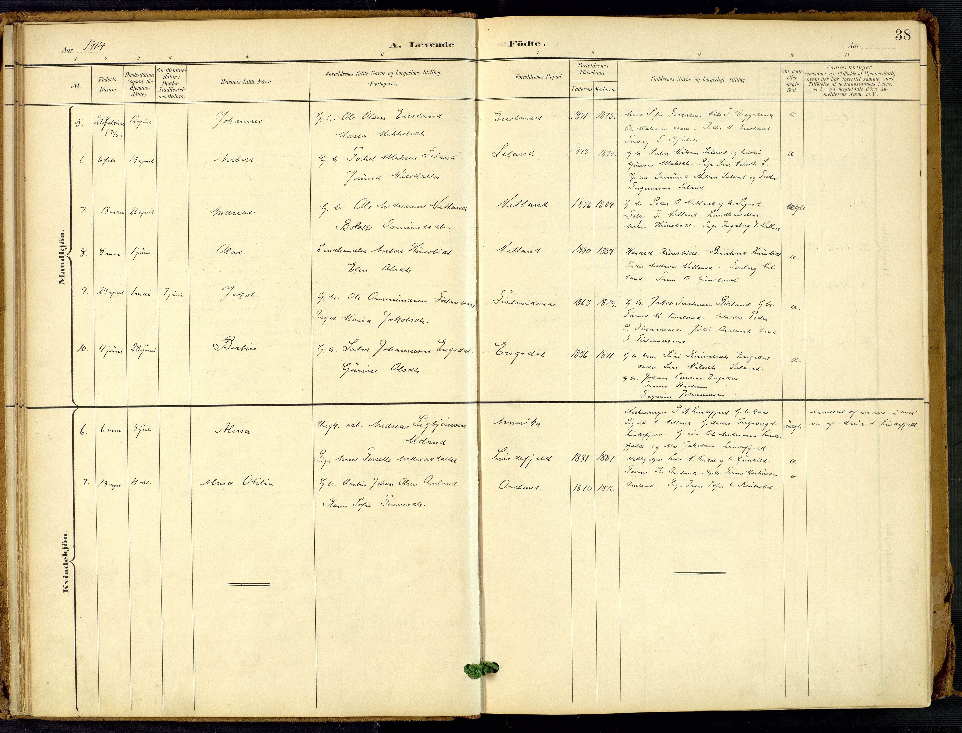 Fjotland sokneprestkontor, SAK/1111-0010/F/Fa/L0003: Parish register (official) no. A 3, 1899-1917, p. 38