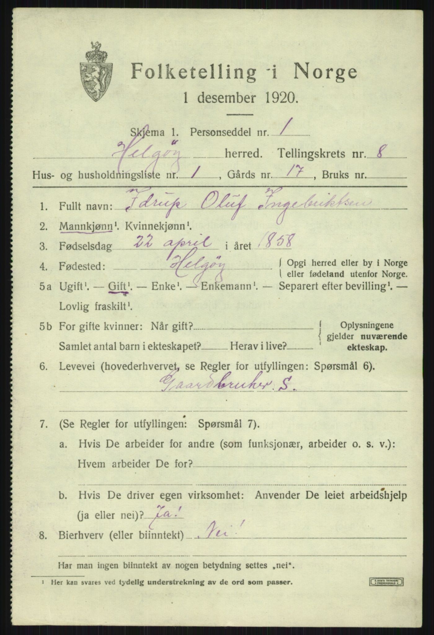 SATØ, 1920 census for Helgøy, 1920, p. 2780