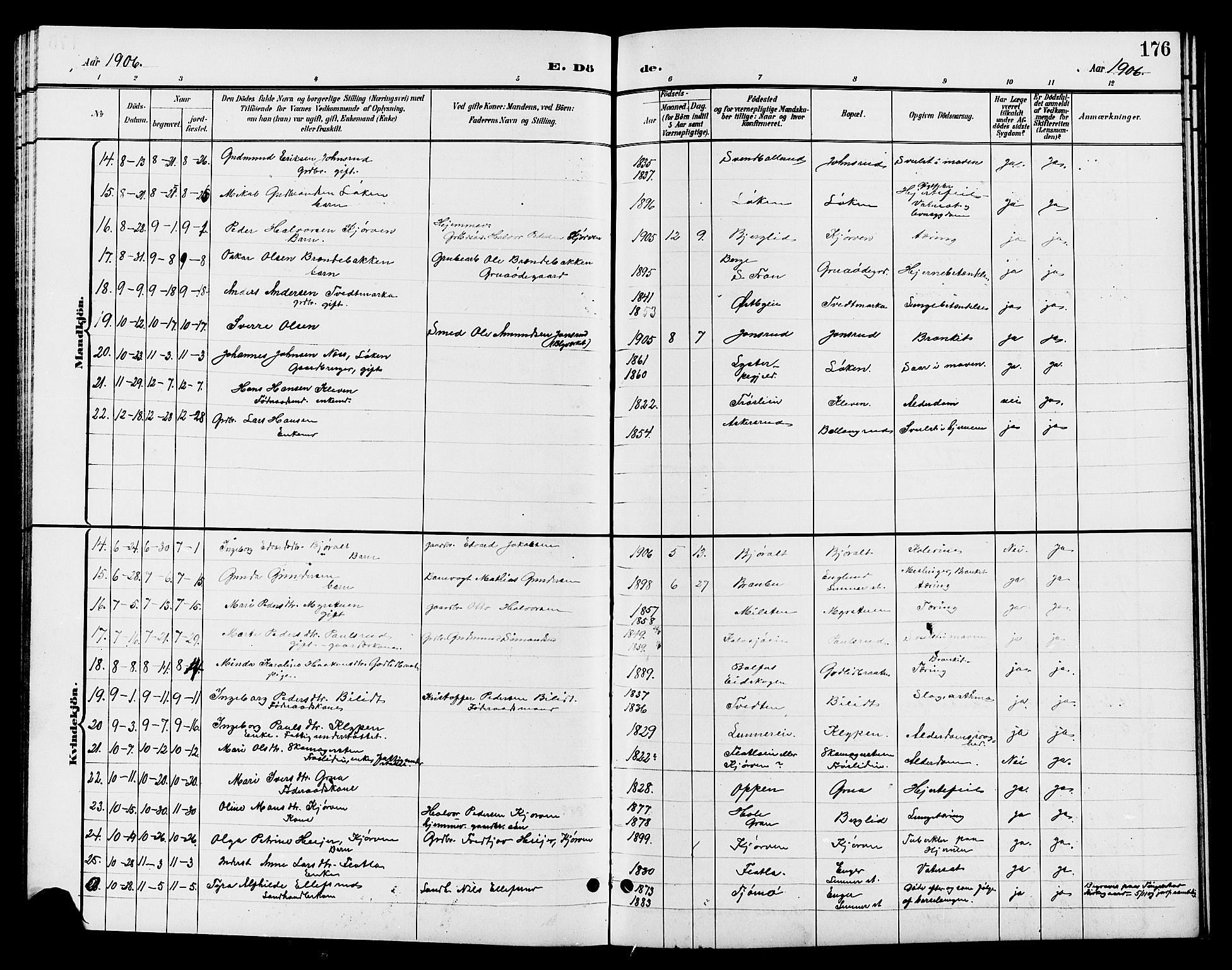 Jevnaker prestekontor, AV/SAH-PREST-116/H/Ha/Hab/L0003: Parish register (copy) no. 3, 1896-1909, p. 176