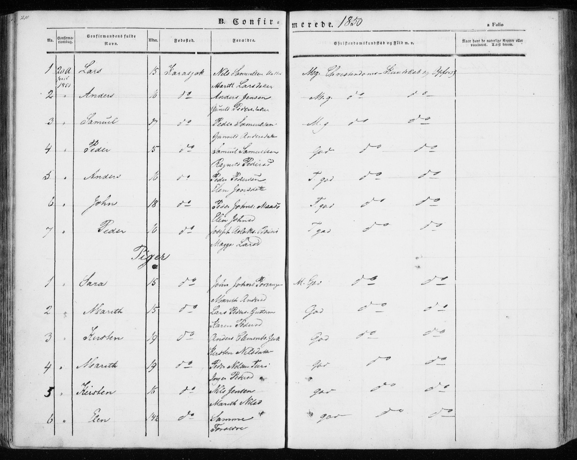 Kistrand/Porsanger sokneprestembete, AV/SATØ-S-1351/H/Ha/L0012.kirke: Parish register (official) no. 12, 1843-1871, p. 210-211