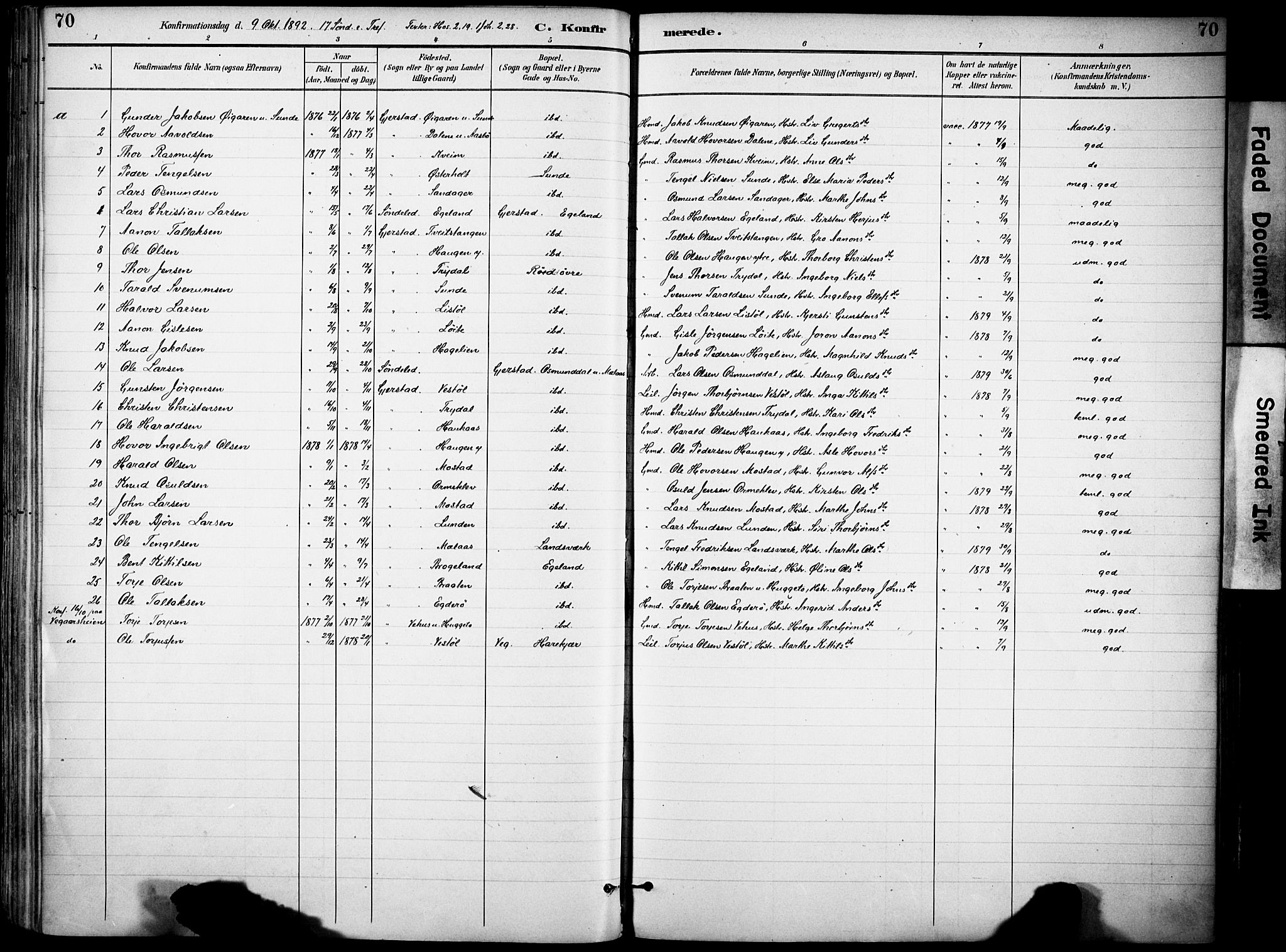 Gjerstad sokneprestkontor, AV/SAK-1111-0014/F/Fa/Faa/L0010: Parish register (official) no. A 10, 1891-1902, p. 70