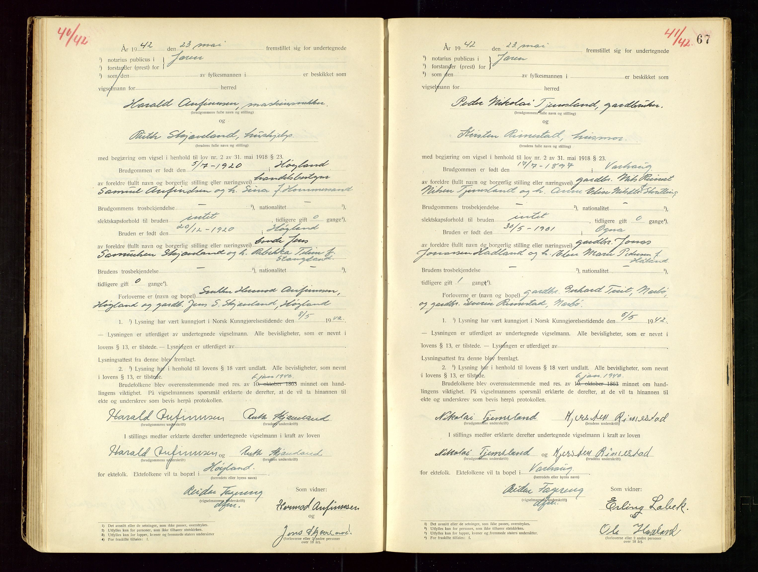 Jæren sorenskriveri, AV/SAST-A-100310/01/6/62/62BA/L0002: VIGSELSPROTOKOLL, 1937-1942, p. 67