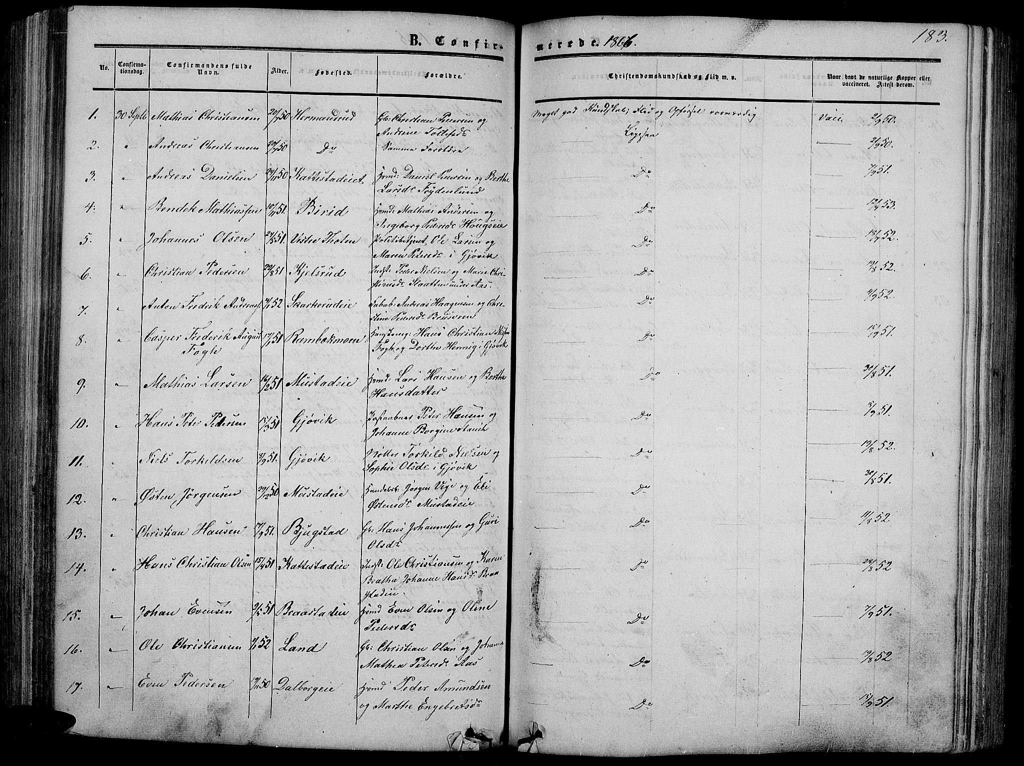Vardal prestekontor, SAH/PREST-100/H/Ha/Hab/L0005: Parish register (copy) no. 5, 1854-1868, p. 183