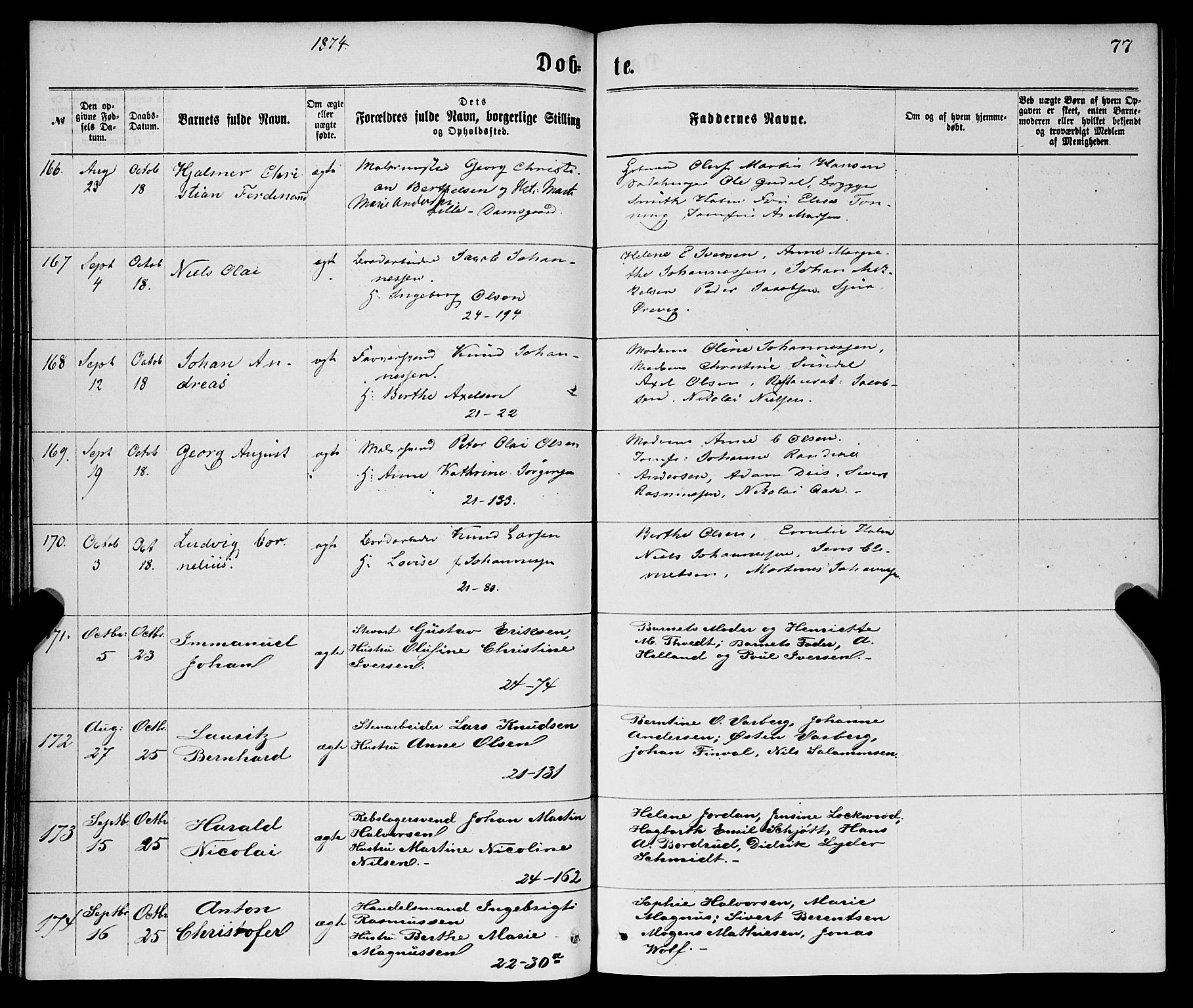 Korskirken sokneprestembete, AV/SAB-A-76101/H/Haa/L0020: Parish register (official) no. B 6, 1871-1878, p. 77