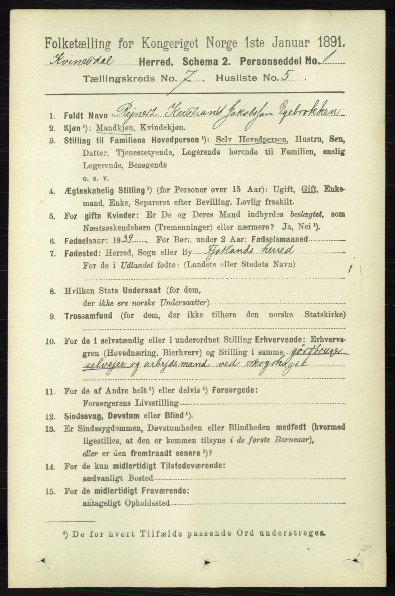 RA, 1891 census for 1037 Kvinesdal, 1891, p. 2446