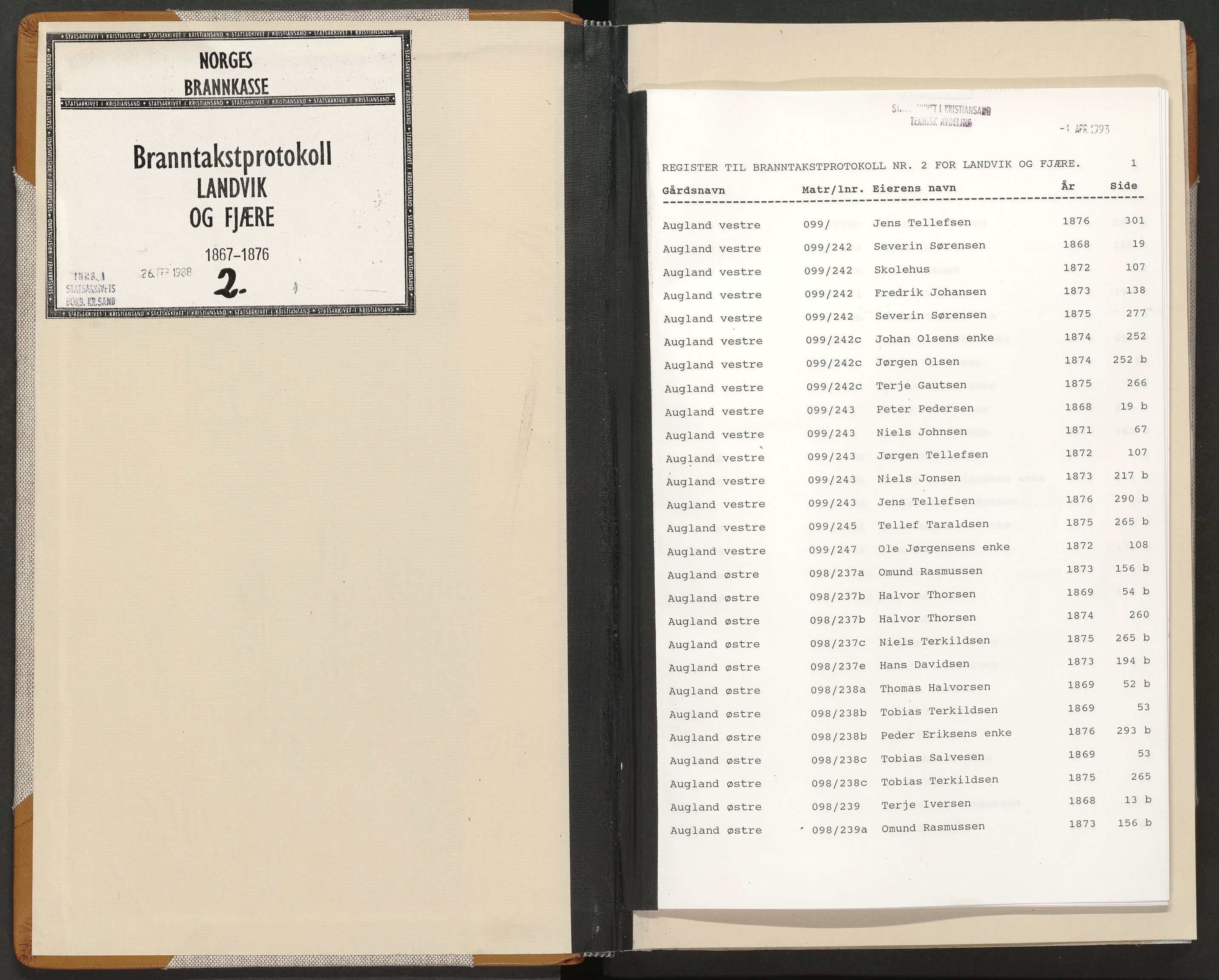 Norges Brannkasse Landvik og Fjære, AV/SAK-2241-0032/F/Fa/L0002: Branntakstprotokoll nr. 2 med gårdsnavnregister - defekt, 1867-1876