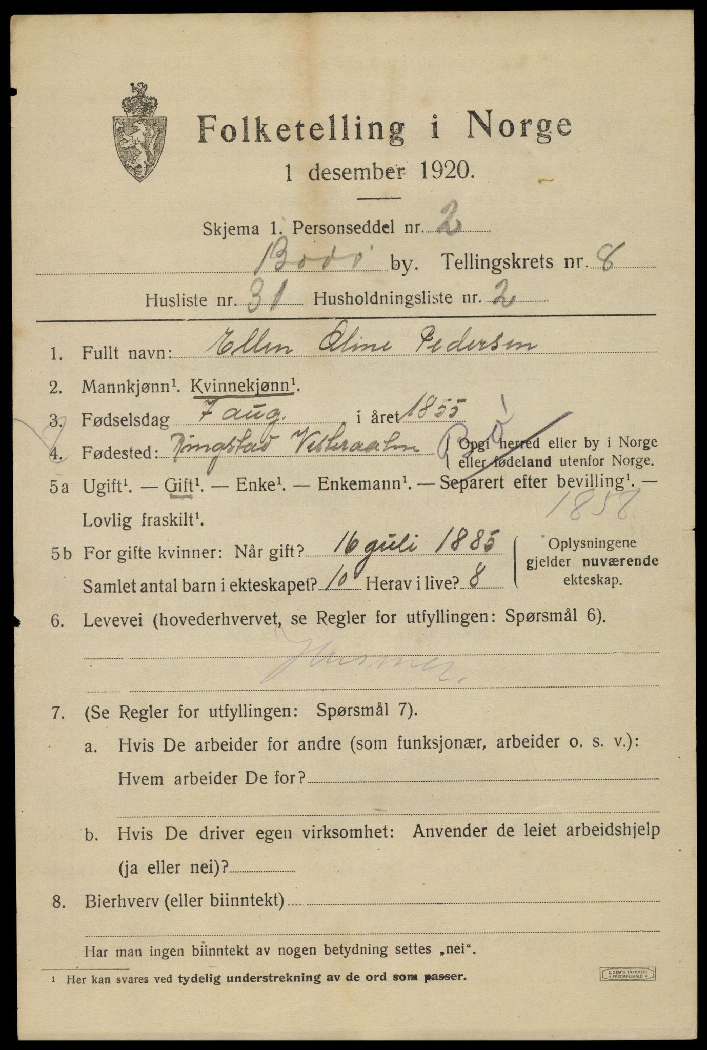 SAT, 1920 census for Bodø, 1920, p. 12825