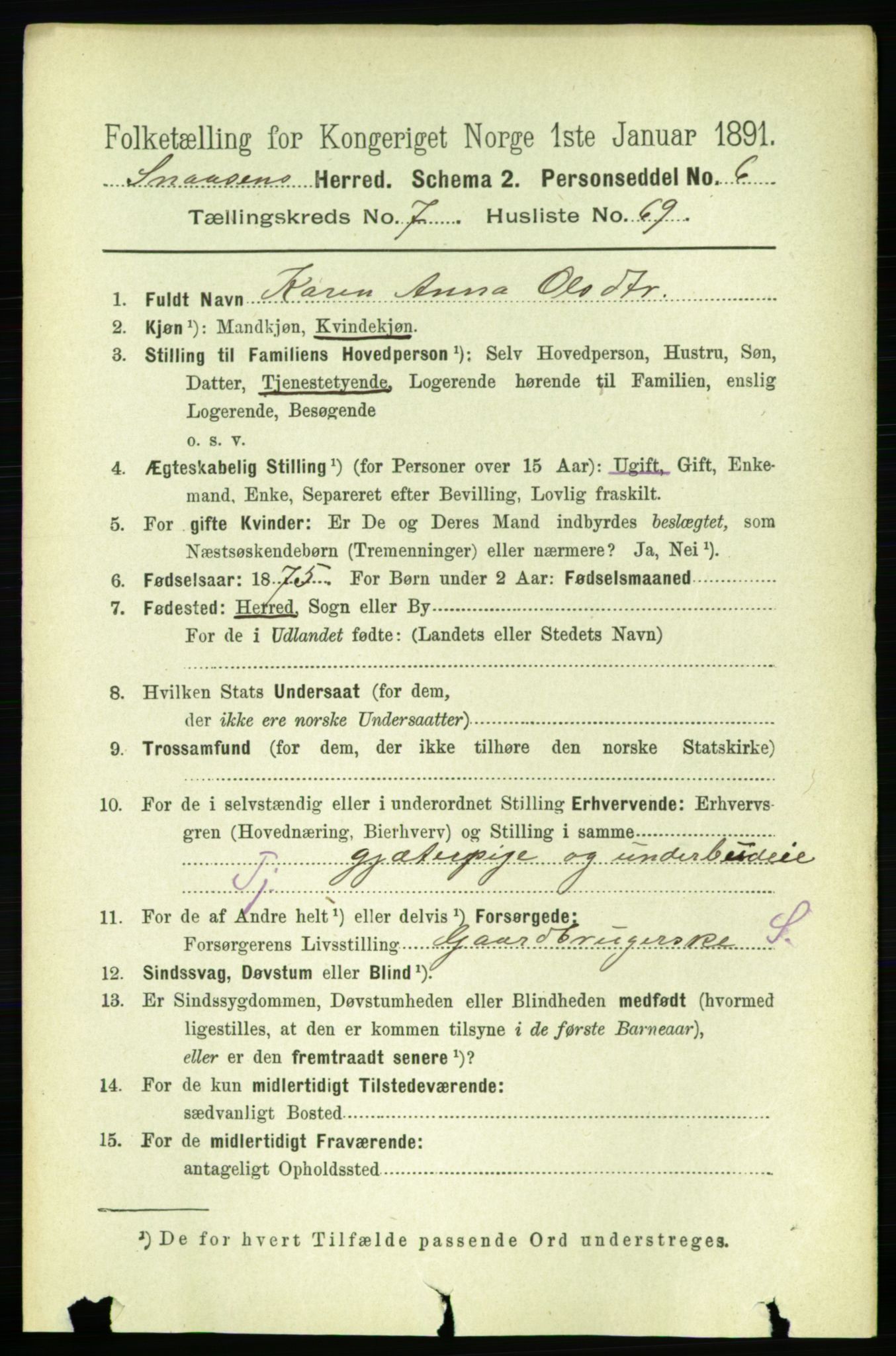 RA, 1891 census for 1736 Snåsa, 1891, p. 2663