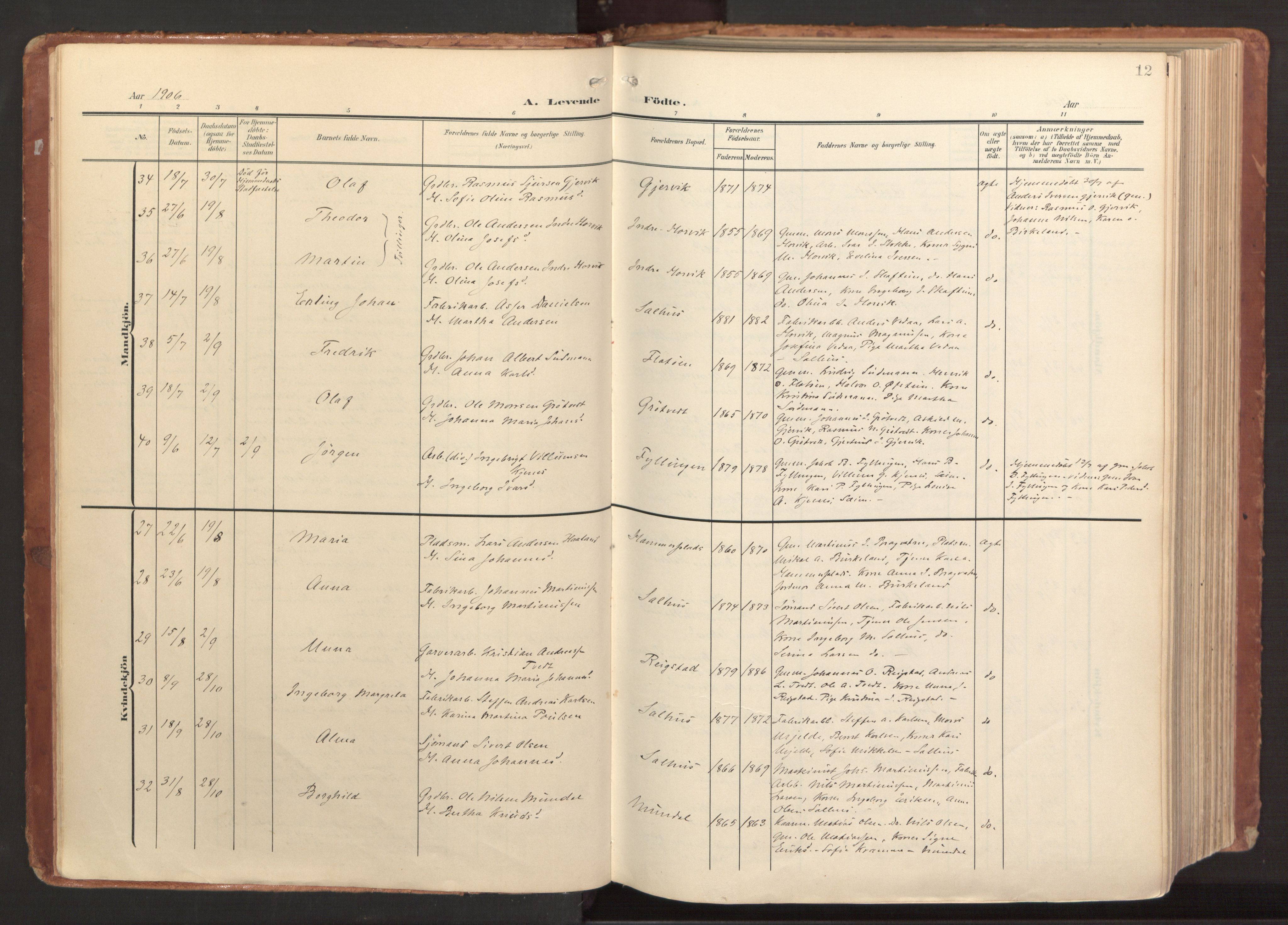 Hamre sokneprestembete, AV/SAB-A-75501/H/Ha/Haa/Haab/L0002: Parish register (official) no. B 2, 1905-1924, p. 12