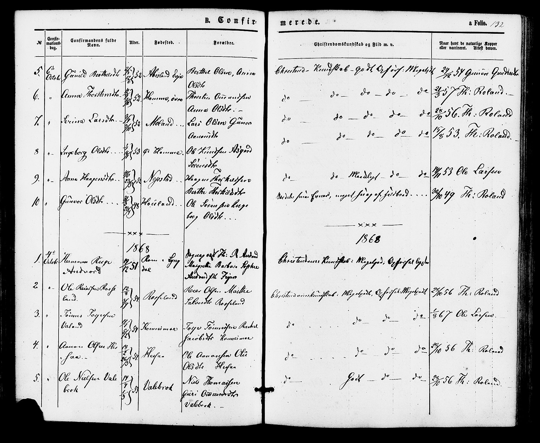 Bjelland sokneprestkontor, SAK/1111-0005/F/Fa/Faa/L0003: Parish register (official) no. A 3, 1867-1887, p. 132