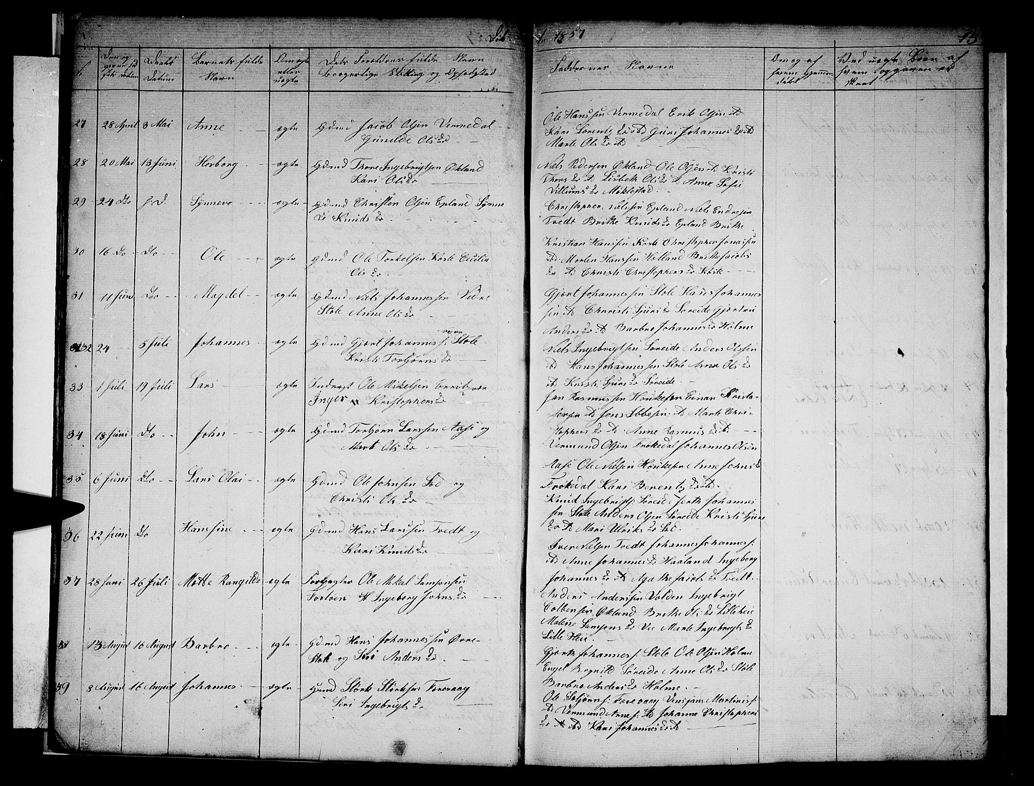 Tysnes sokneprestembete, AV/SAB-A-78601/H/Hab: Parish register (copy) no. E 1, 1855-1874, p. 13