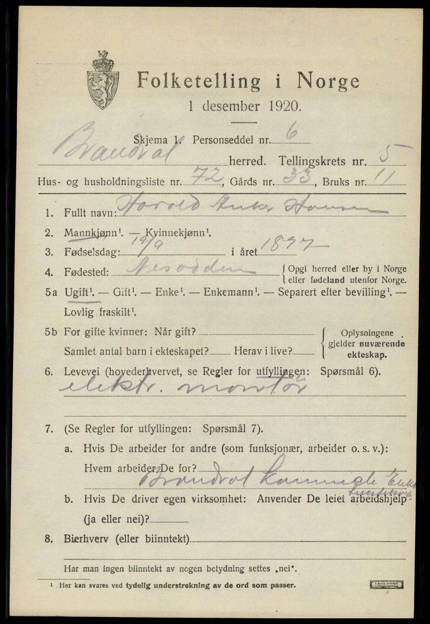 SAH, 1920 census for Brandval, 1920, p. 5248