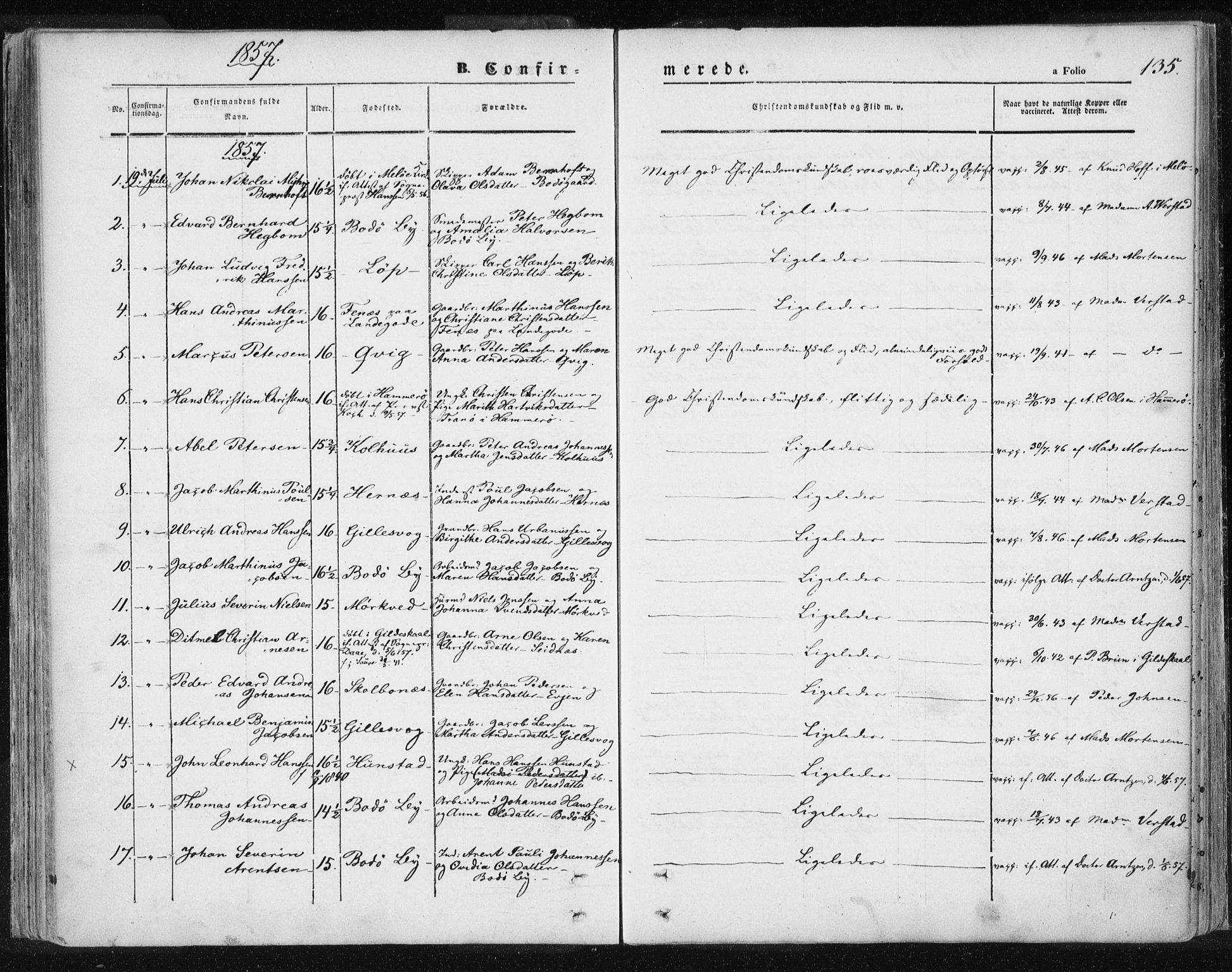 Ministerialprotokoller, klokkerbøker og fødselsregistre - Nordland, AV/SAT-A-1459/801/L0007: Parish register (official) no. 801A07, 1845-1863, p. 135