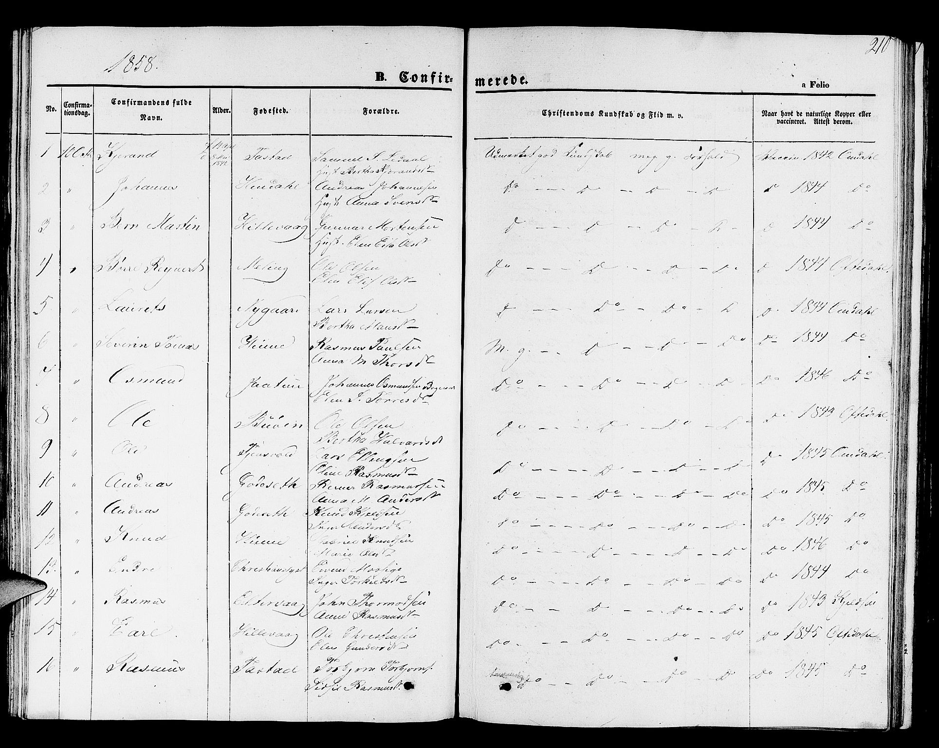 Hetland sokneprestkontor, SAST/A-101826/30/30BB/L0001: Parish register (copy) no. B 1, 1850-1868, p. 210