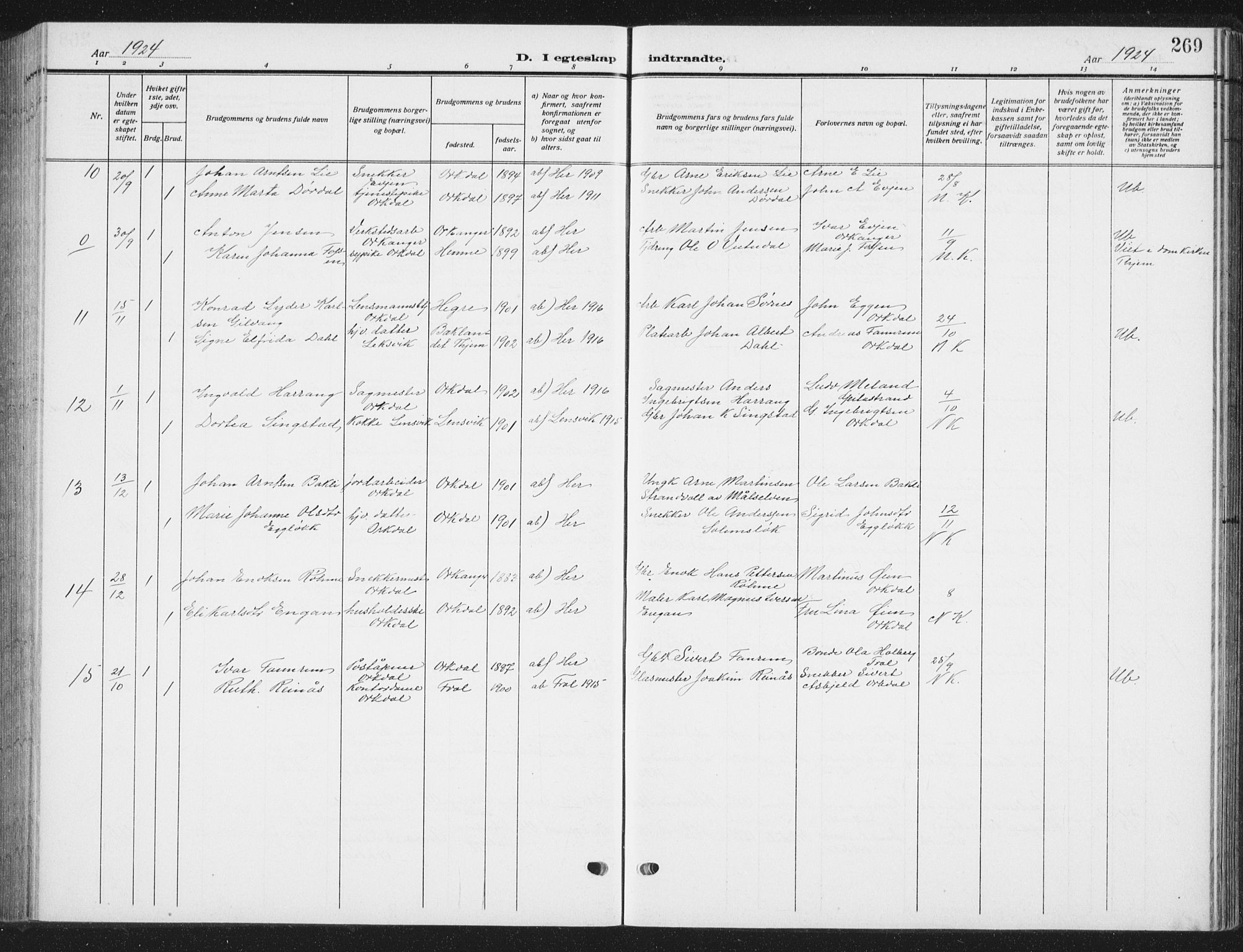 Ministerialprotokoller, klokkerbøker og fødselsregistre - Sør-Trøndelag, SAT/A-1456/668/L0820: Parish register (copy) no. 668C09, 1912-1936, p. 269