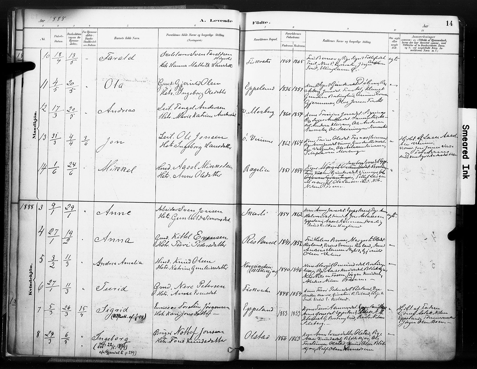 Åmli sokneprestkontor, SAK/1111-0050/F/Fa/Fac/L0010: Parish register (official) no. A 10 /1, 1885-1899, p. 14