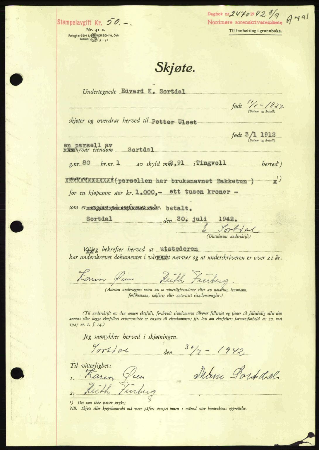 Nordmøre sorenskriveri, AV/SAT-A-4132/1/2/2Ca: Mortgage book no. A93, 1942-1942, Diary no: : 2470/1942