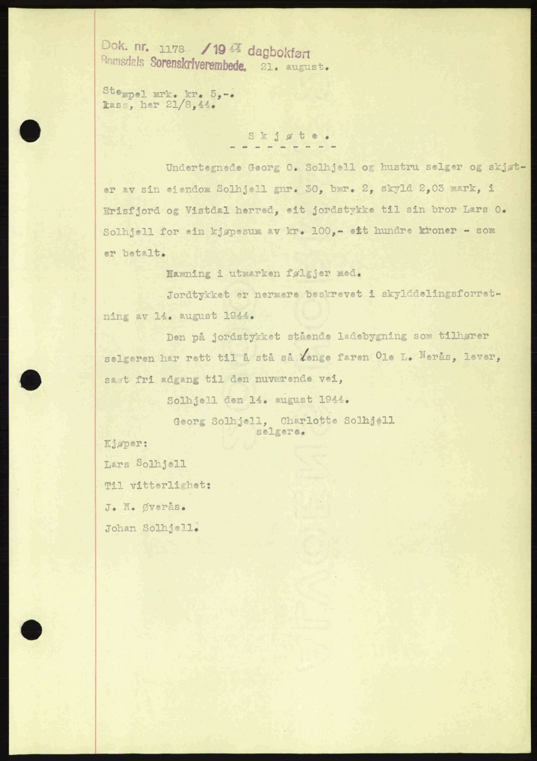 Romsdal sorenskriveri, SAT/A-4149/1/2/2C: Mortgage book no. A16, 1944-1944, Diary no: : 1178/1944