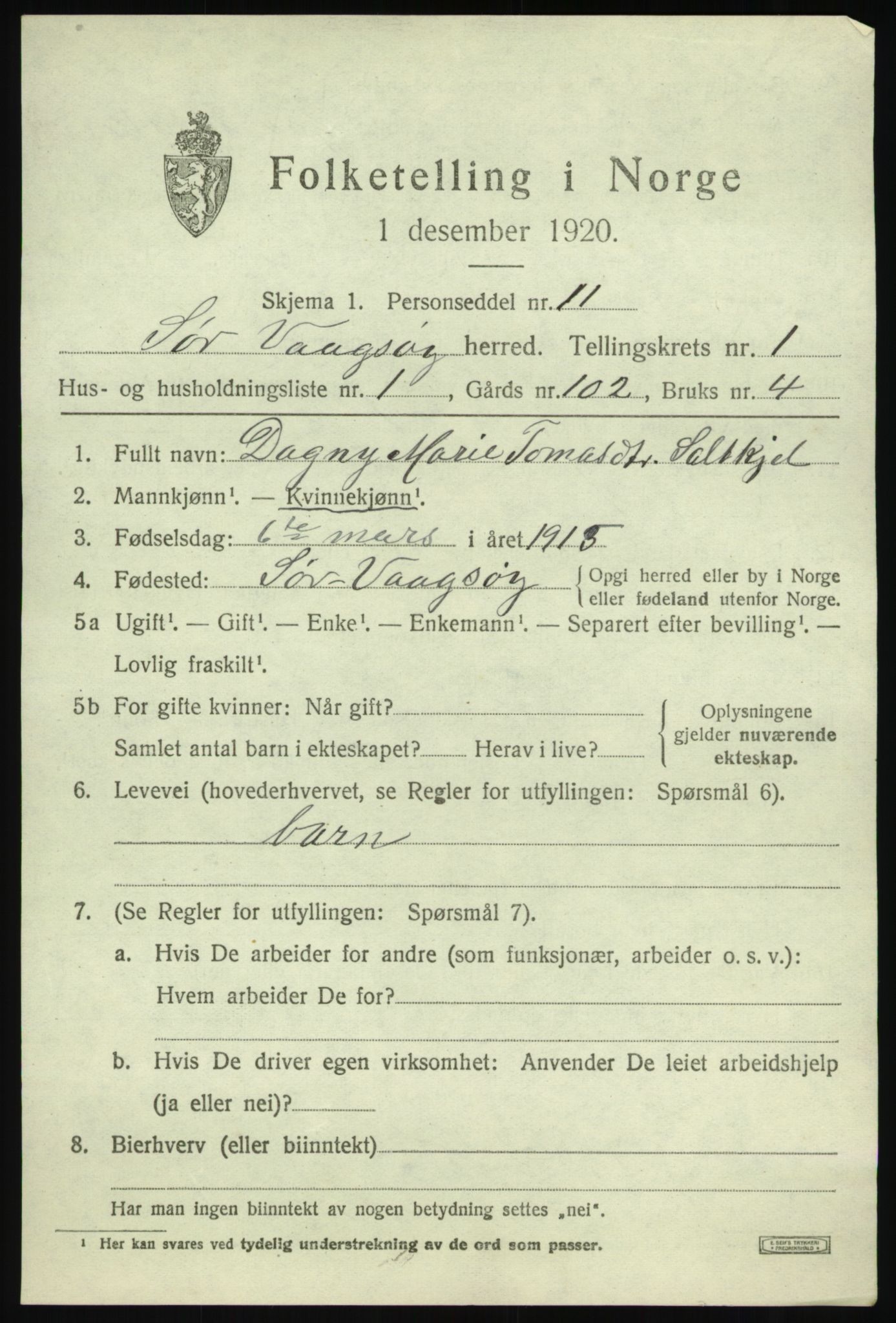 SAB, 1920 census for Sør-Vågsøy, 1920, p. 598