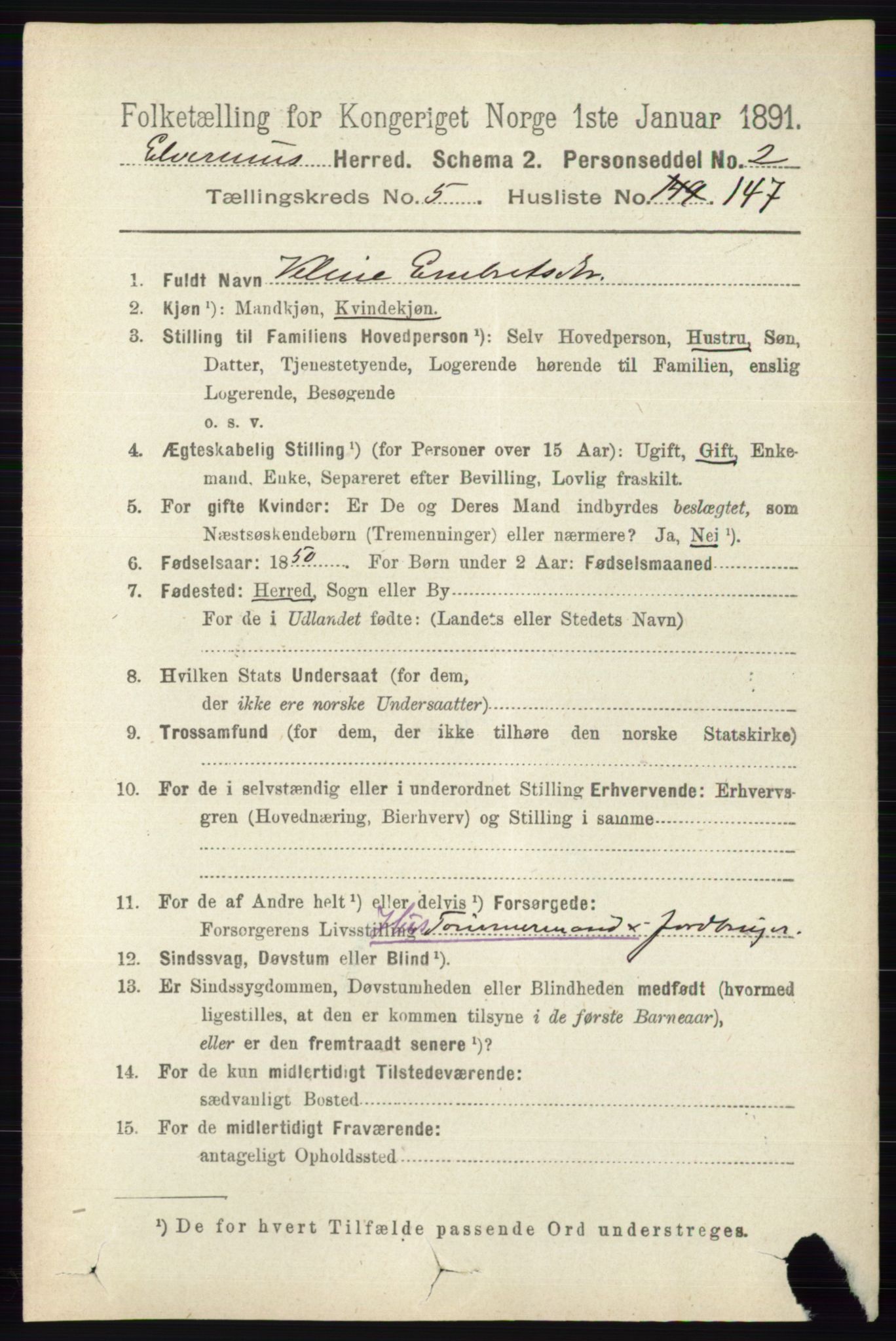 RA, 1891 census for 0427 Elverum, 1891, p. 4149