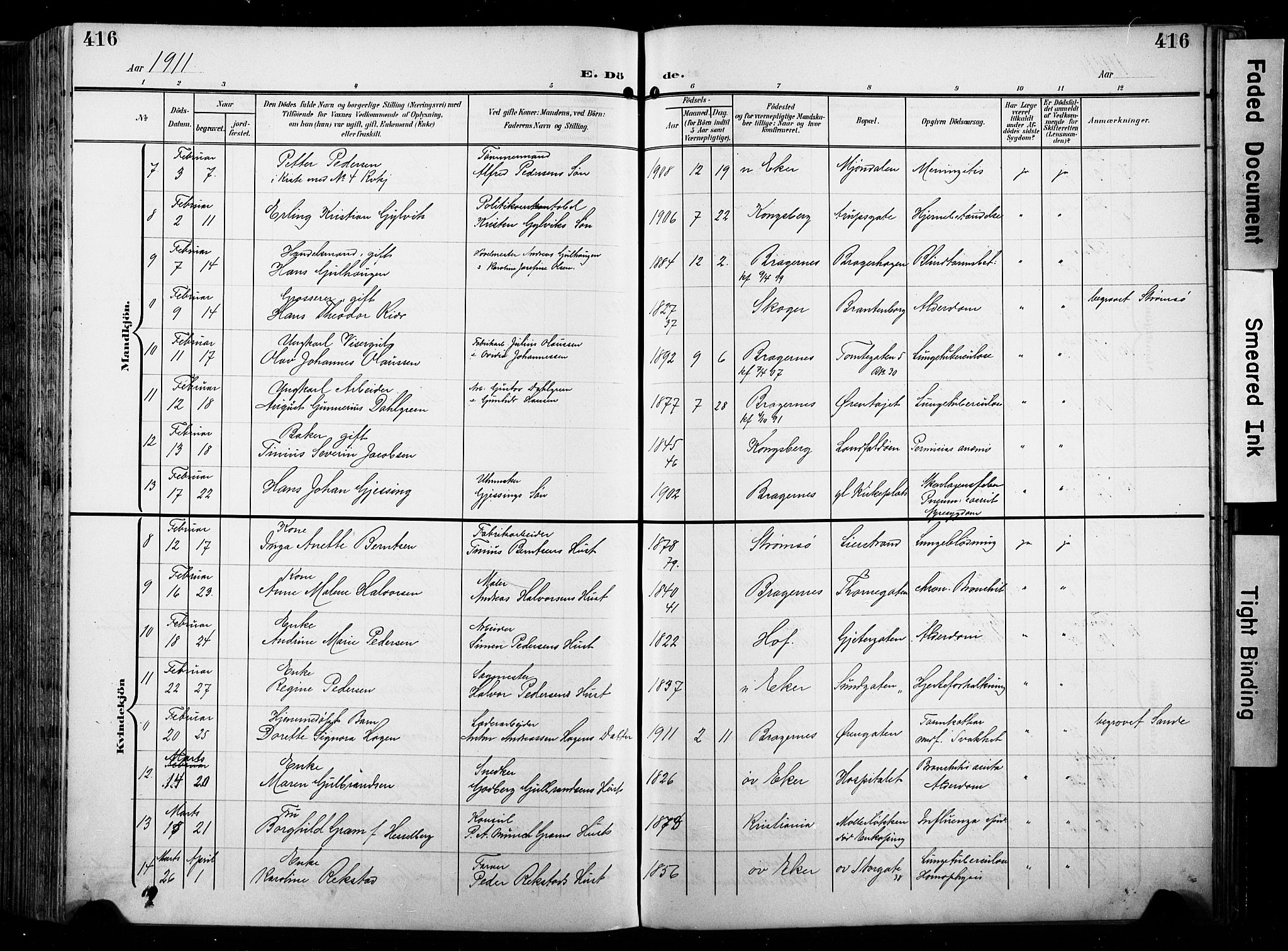 Bragernes kirkebøker, SAKO/A-6/F/Fb/L0009: Parish register (official) no. II 9, 1902-1911, p. 416