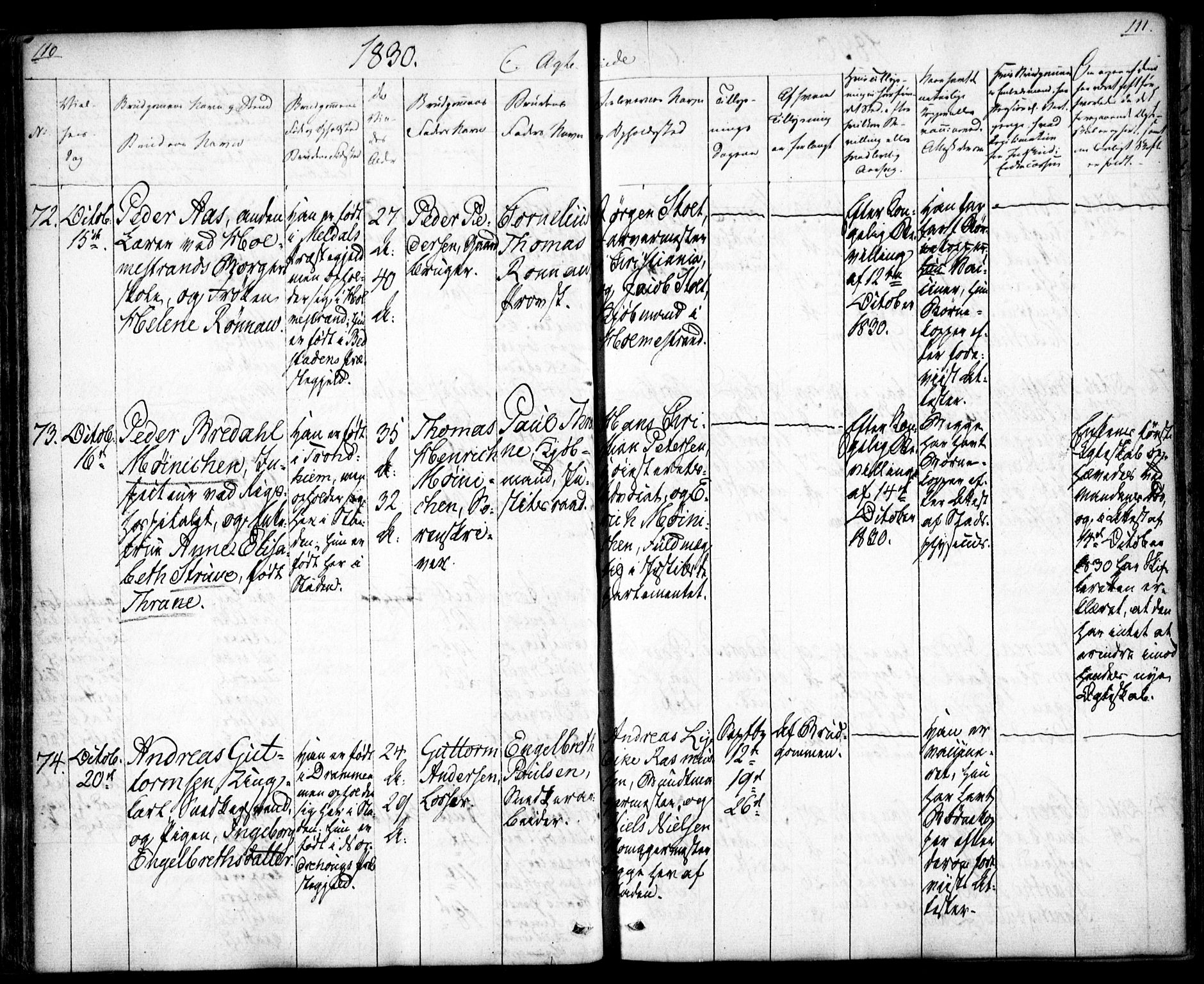 Oslo domkirke Kirkebøker, SAO/A-10752/F/Fa/L0019: Parish register (official) no. 19, 1828-1847, p. 110-111