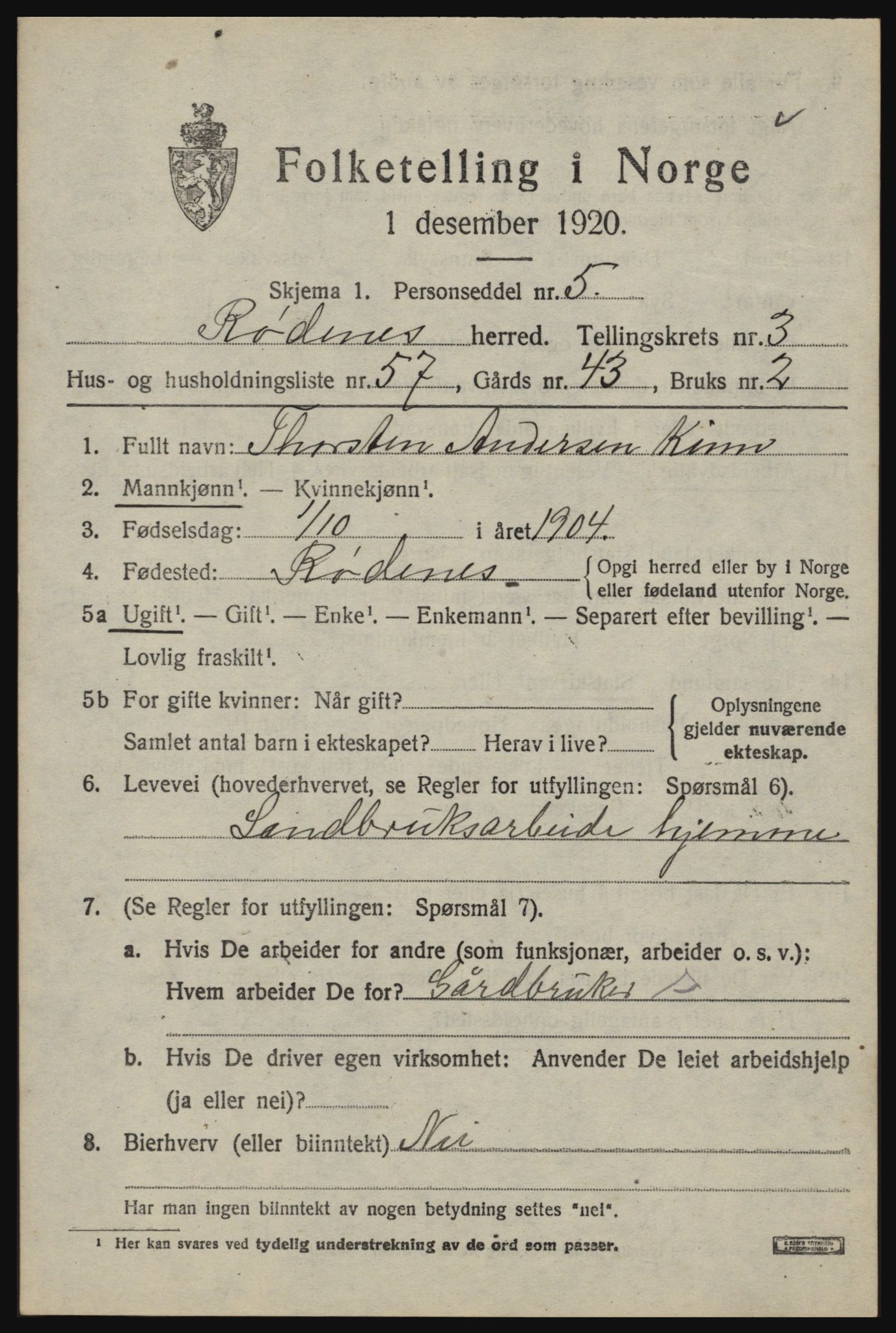 SAO, 1920 census for Rødenes, 1920, p. 2338