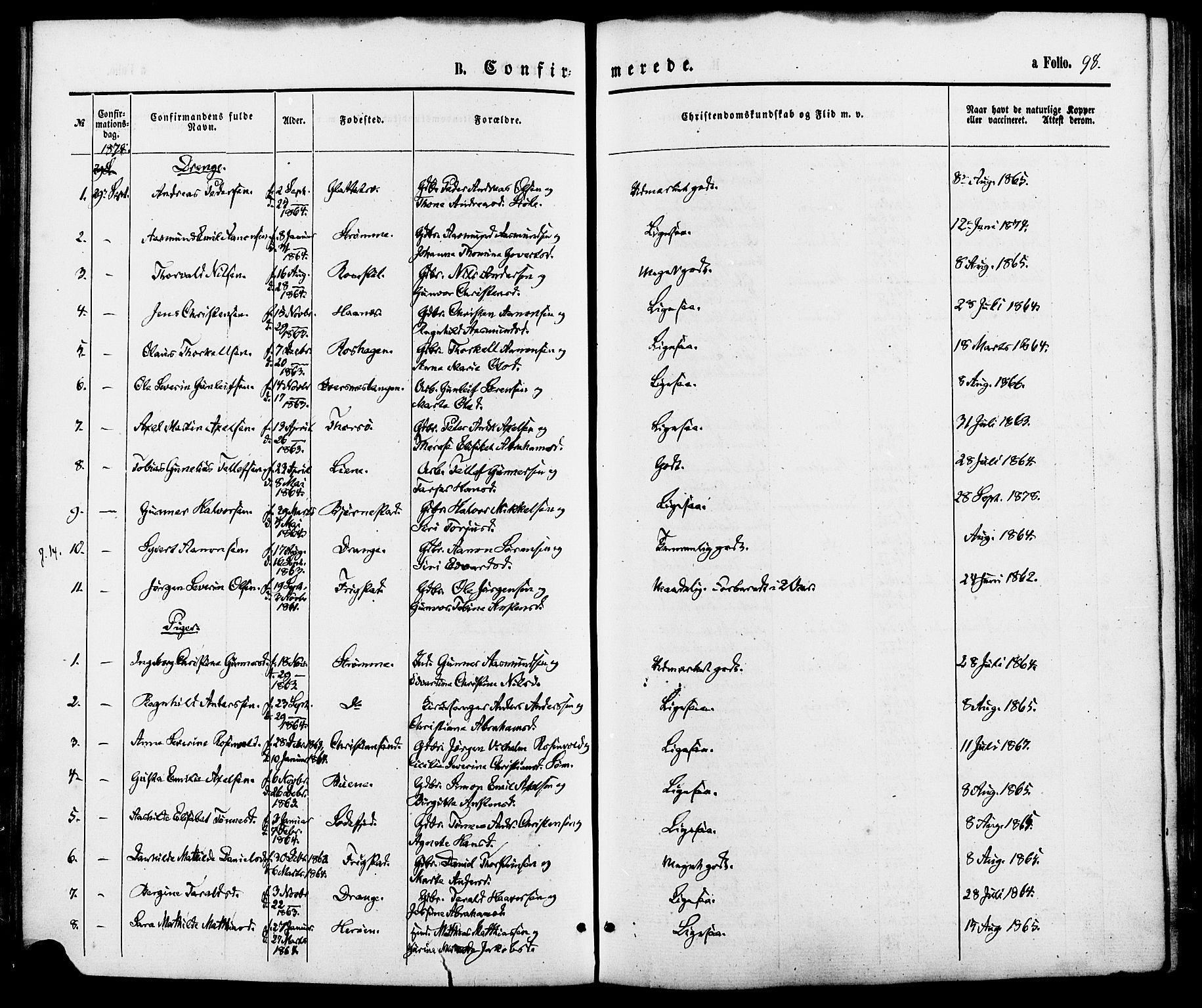 Oddernes sokneprestkontor, SAK/1111-0033/F/Fa/Fab/L0001: Parish register (official) no. A 1, 1865-1884, p. 98