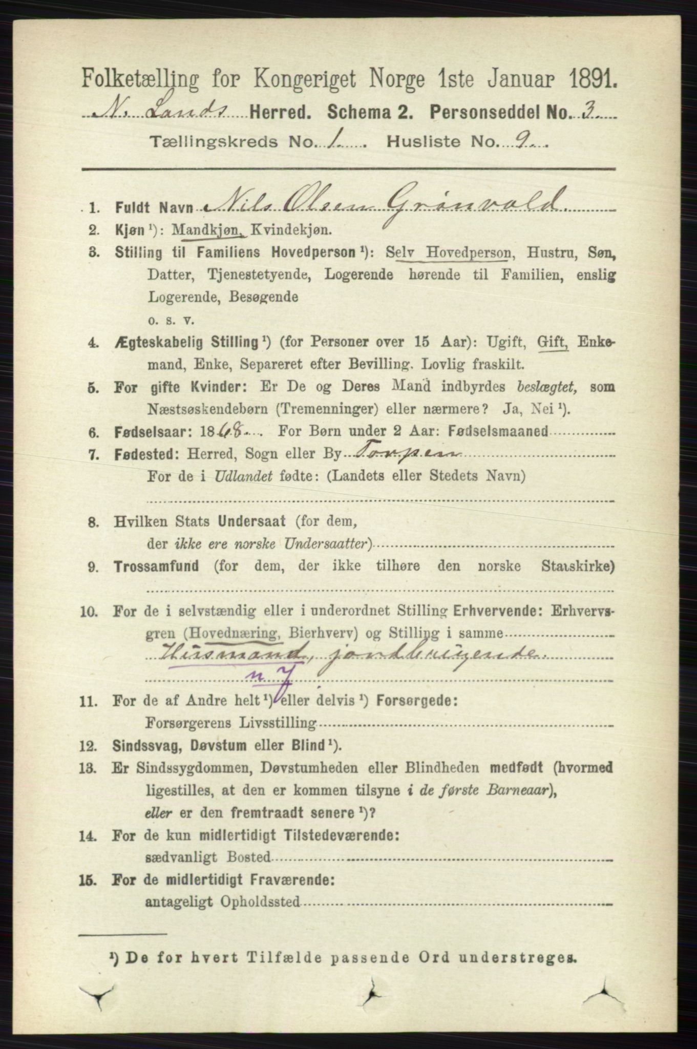 RA, 1891 census for 0538 Nordre Land, 1891, p. 174