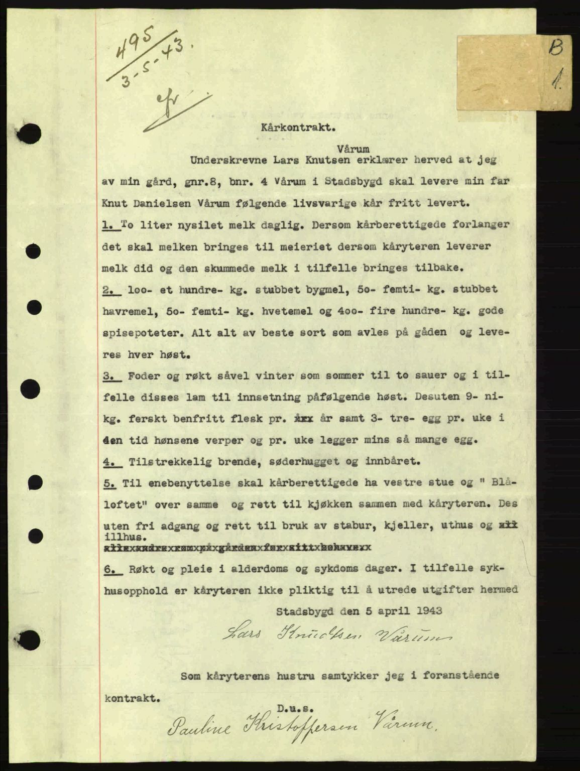 Fosen sorenskriveri, AV/SAT-A-1107/1/2/2C: Mortgage book no. B1, 1943-1945, Diary no: : 495/1943