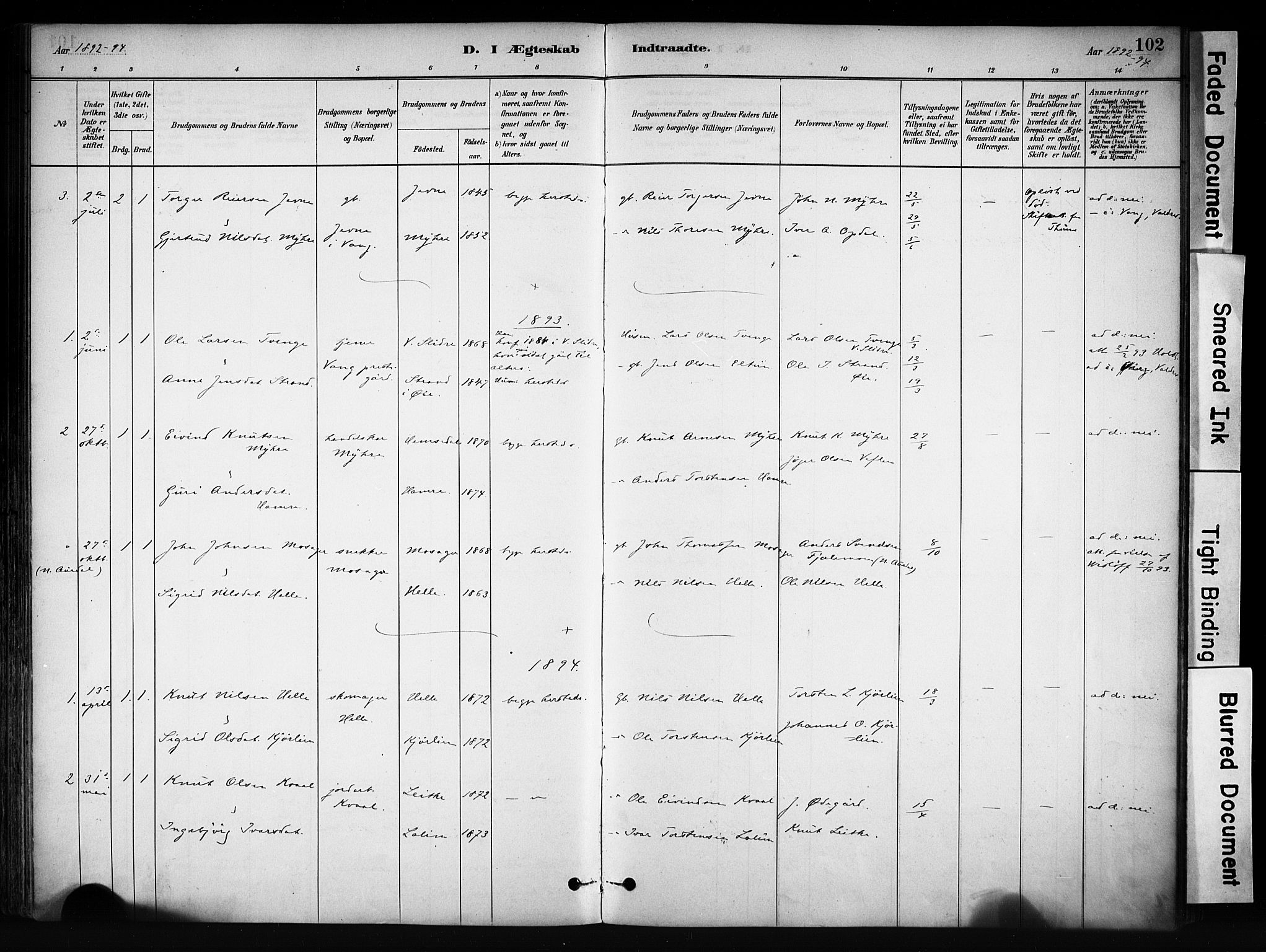 Vang prestekontor, Valdres, SAH/PREST-140/H/Ha/L0009: Parish register (official) no. 9, 1882-1914, p. 102