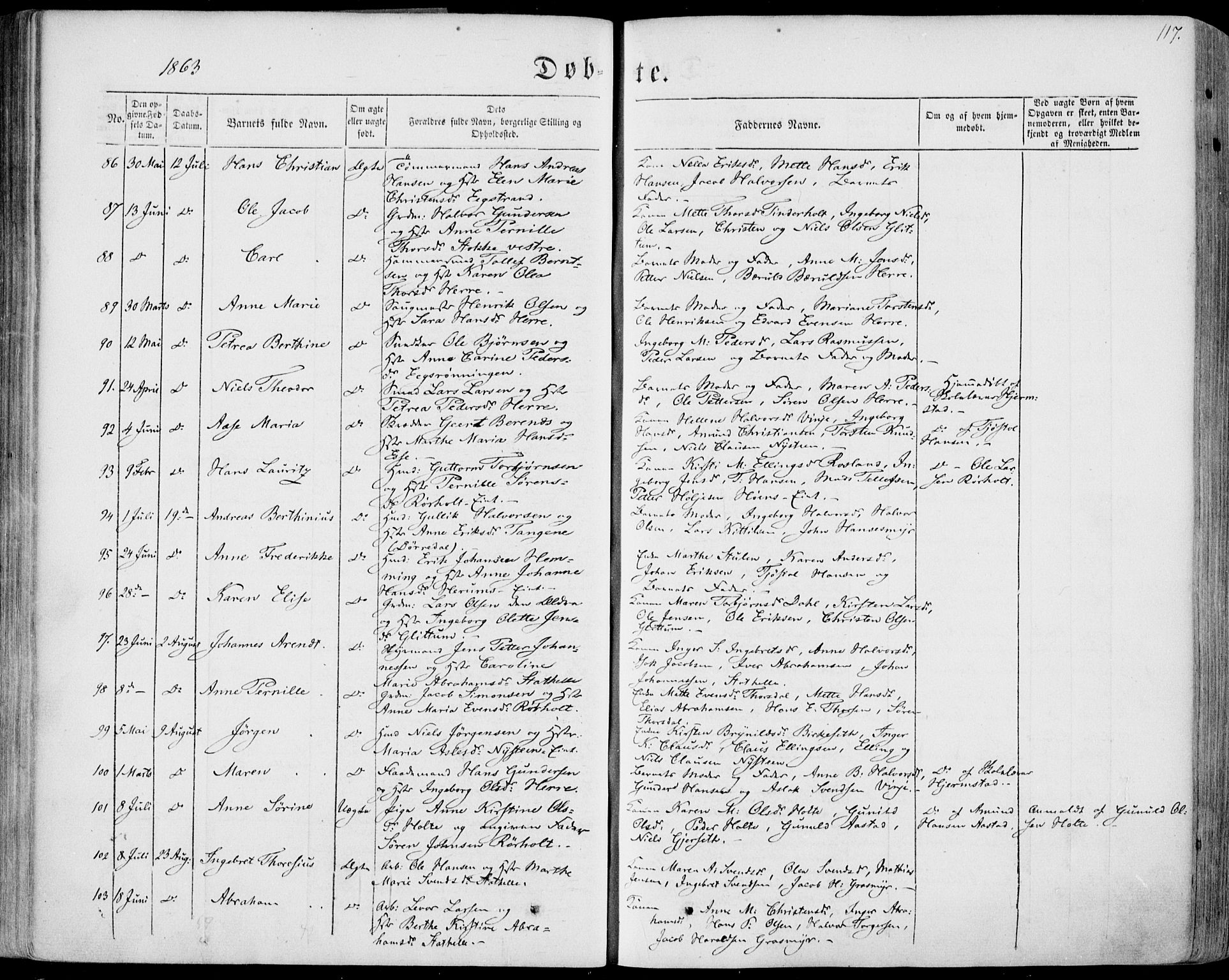 Bamble kirkebøker, AV/SAKO-A-253/F/Fa/L0005: Parish register (official) no. I 5, 1854-1869, p. 117