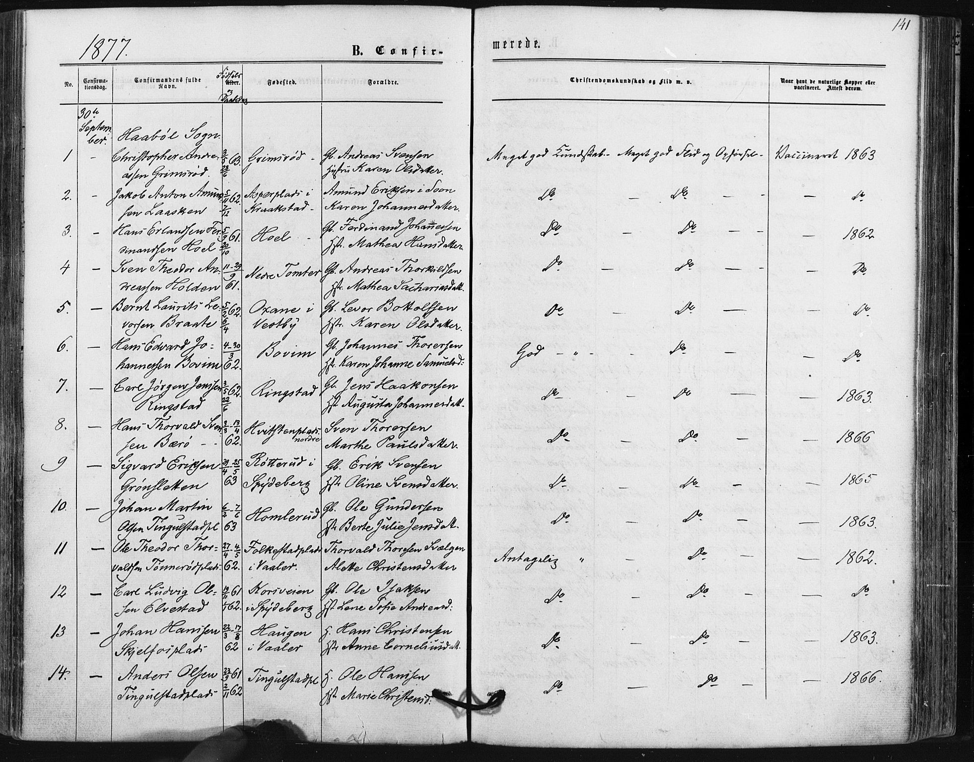 Hobøl prestekontor Kirkebøker, AV/SAO-A-2002/F/Fa/L0004: Parish register (official) no. I 4, 1865-1877, p. 141