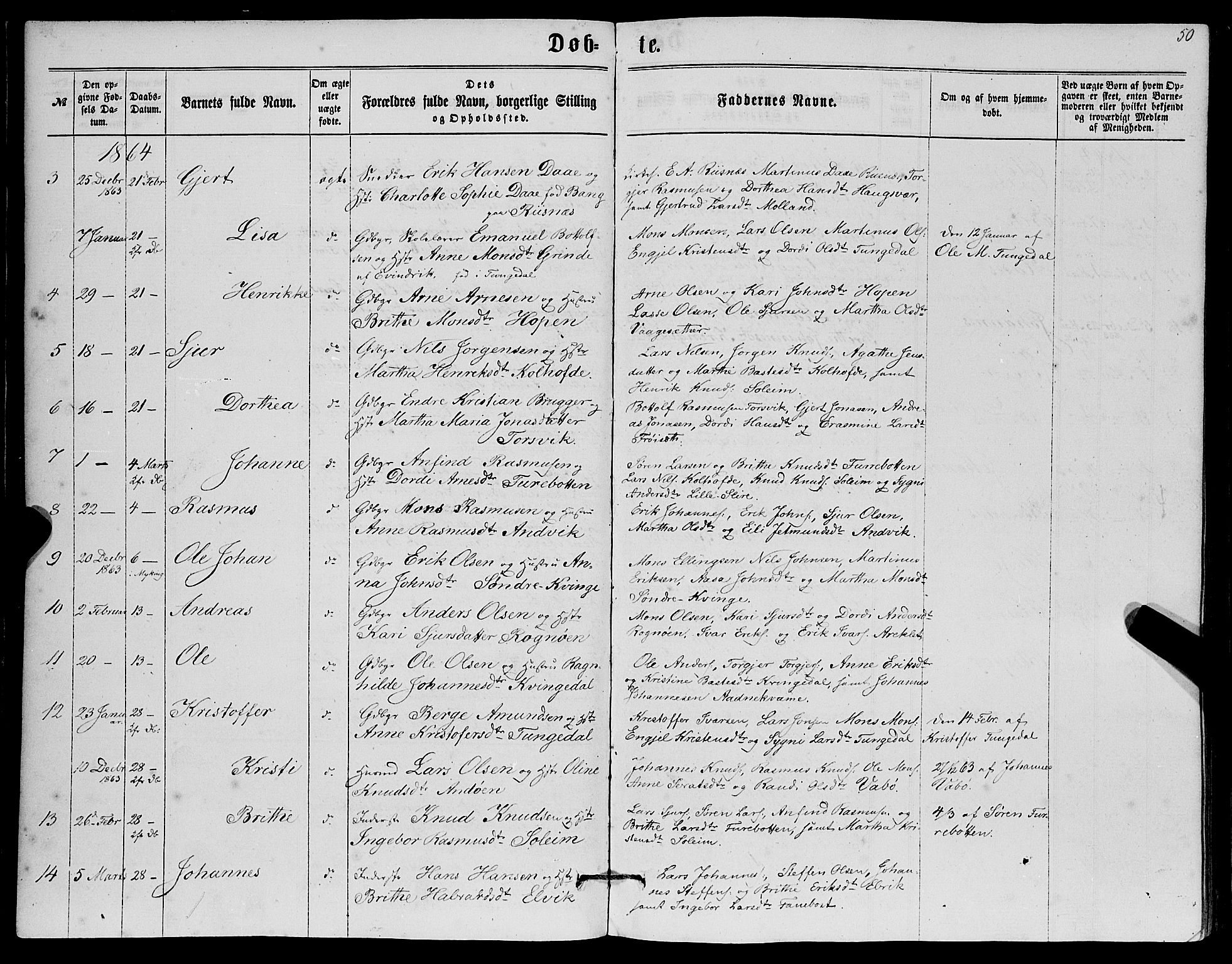 Masfjorden Sokneprestembete, AV/SAB-A-77001: Parish register (copy) no. A 1, 1851-1875, p. 50