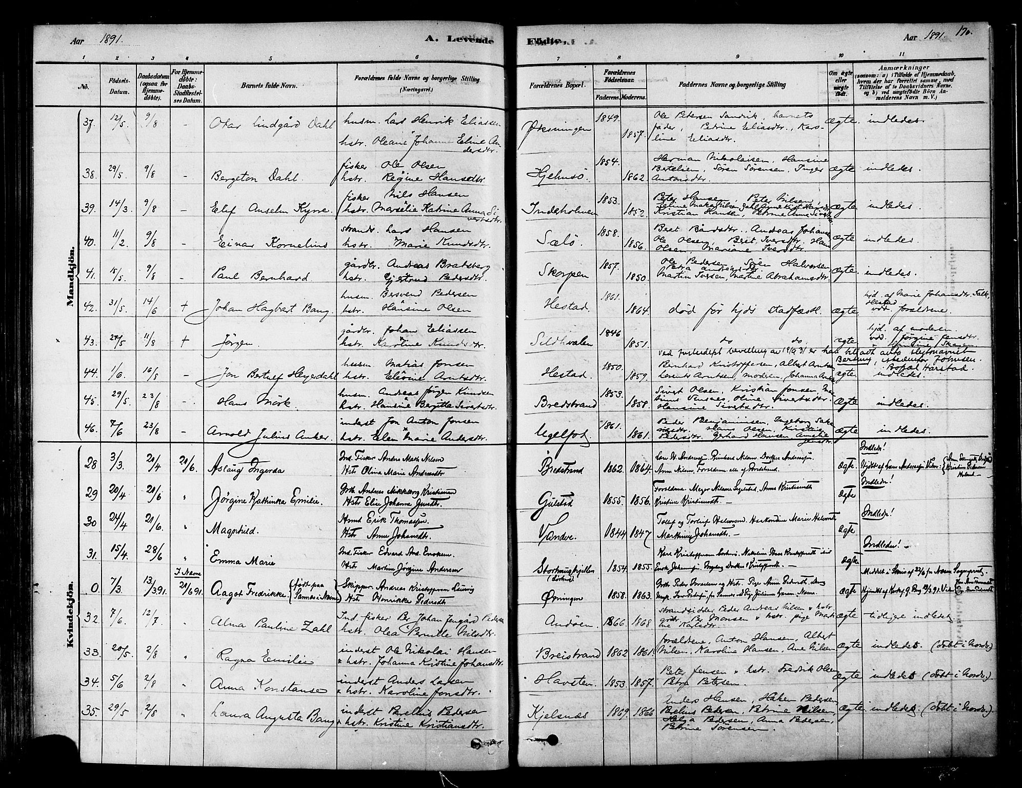 Ministerialprotokoller, klokkerbøker og fødselsregistre - Nordland, SAT/A-1459/834/L0507: Parish register (official) no. 834A05, 1878-1892, p. 170