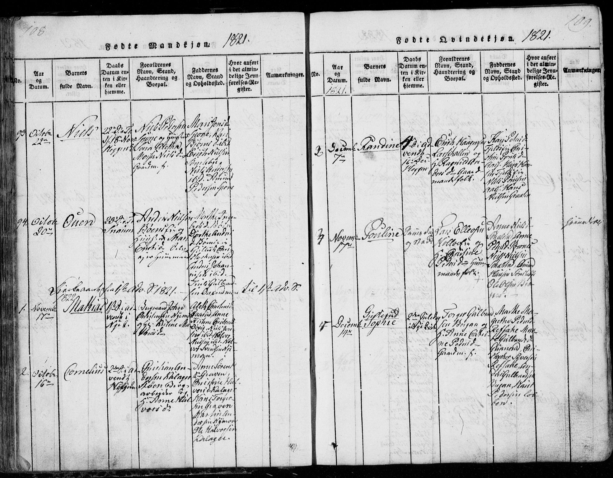 Modum kirkebøker, AV/SAKO-A-234/G/Ga/L0001: Parish register (copy) no. I 1, 1818-1824, p. 108-109