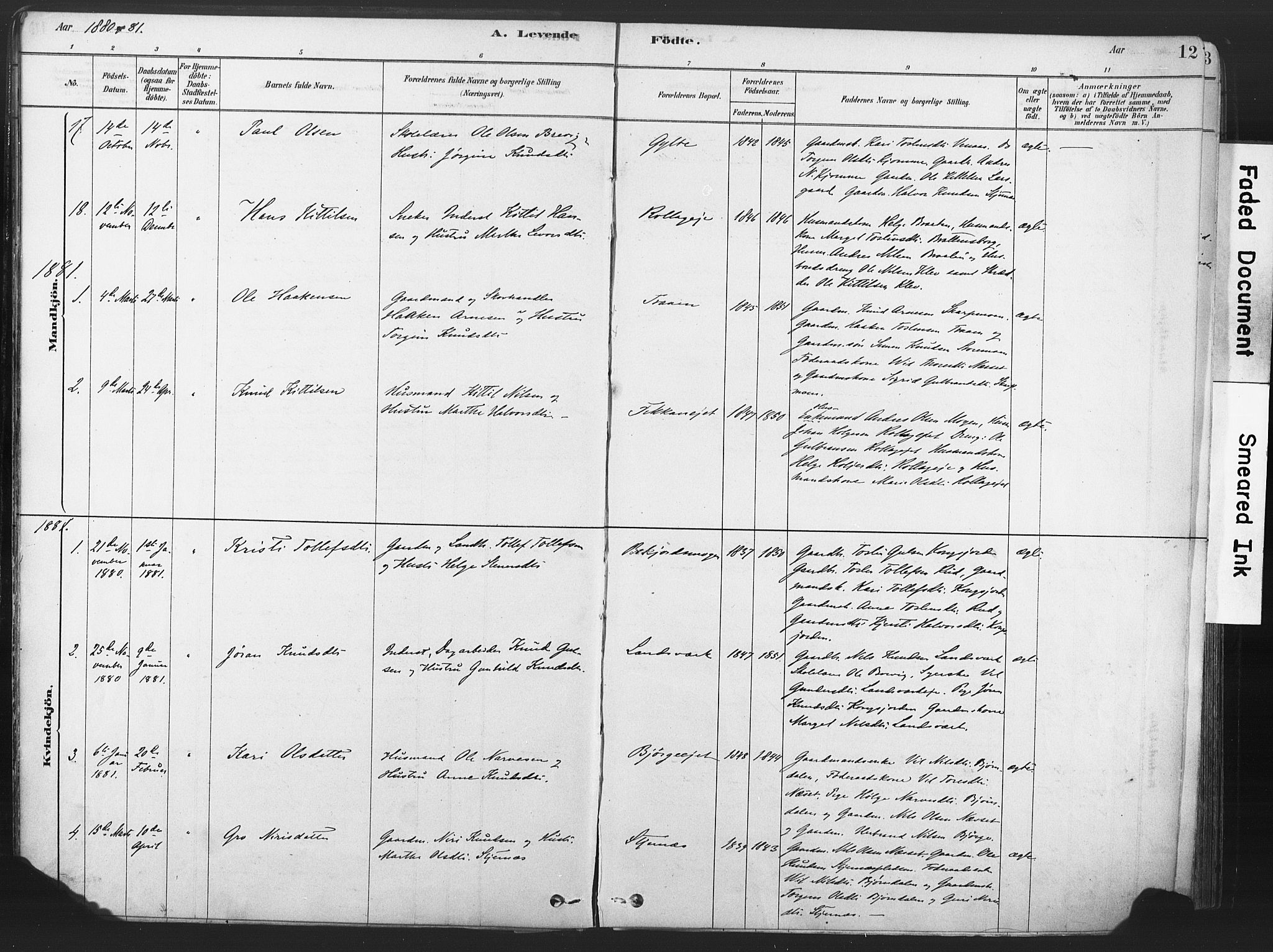 Rollag kirkebøker, SAKO/A-240/F/Fa/L0011: Parish register (official) no. I 11, 1878-1902, p. 12