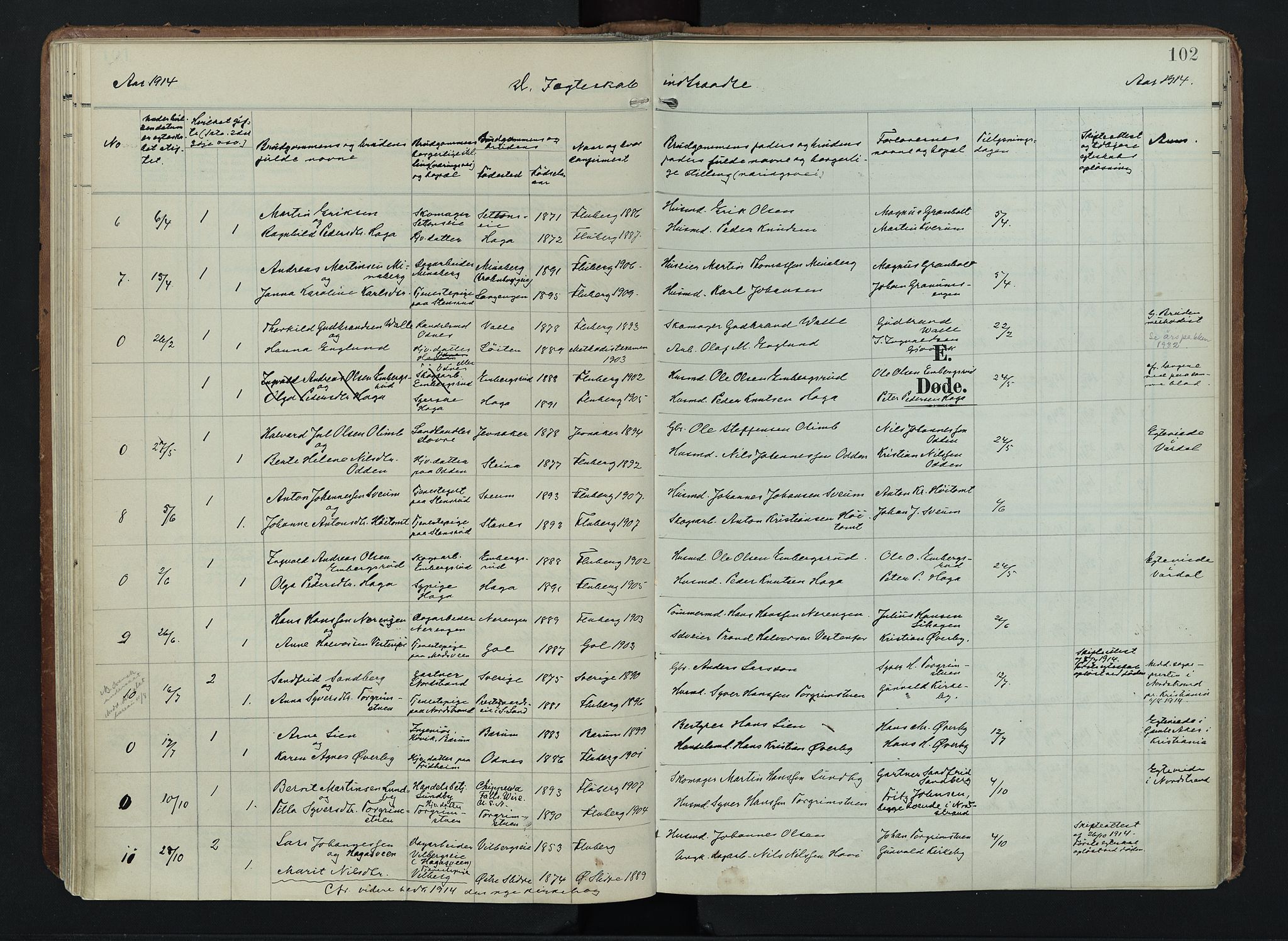 Søndre Land prestekontor, AV/SAH-PREST-122/K/L0005: Parish register (official) no. 5, 1905-1914, p. 102