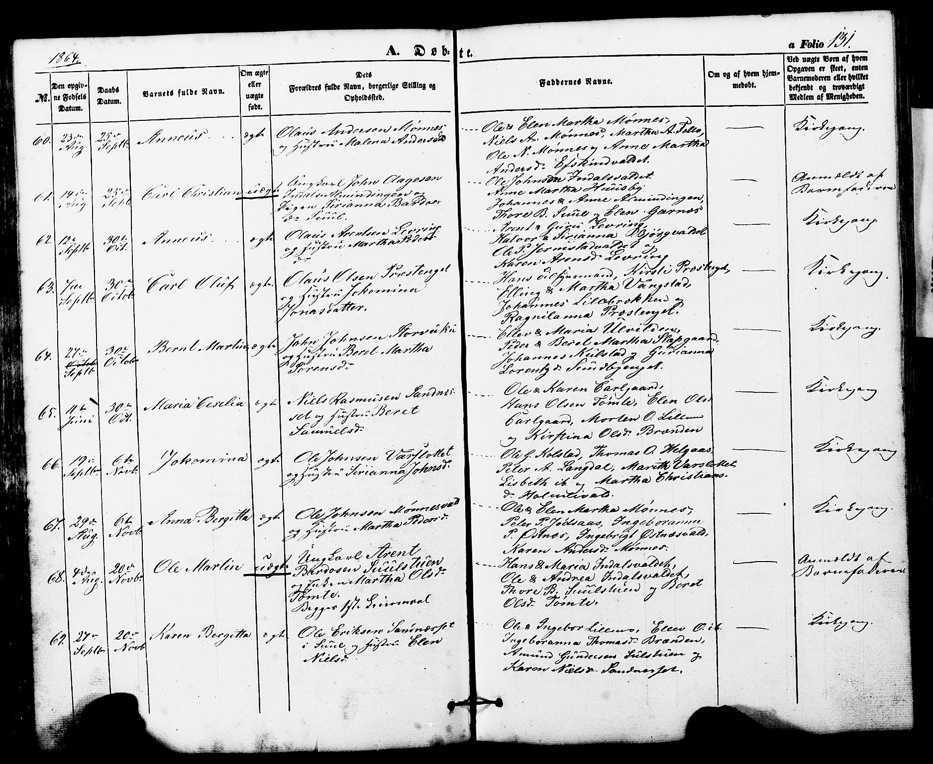 Ministerialprotokoller, klokkerbøker og fødselsregistre - Nord-Trøndelag, SAT/A-1458/724/L0268: Parish register (copy) no. 724C04, 1846-1878, p. 131