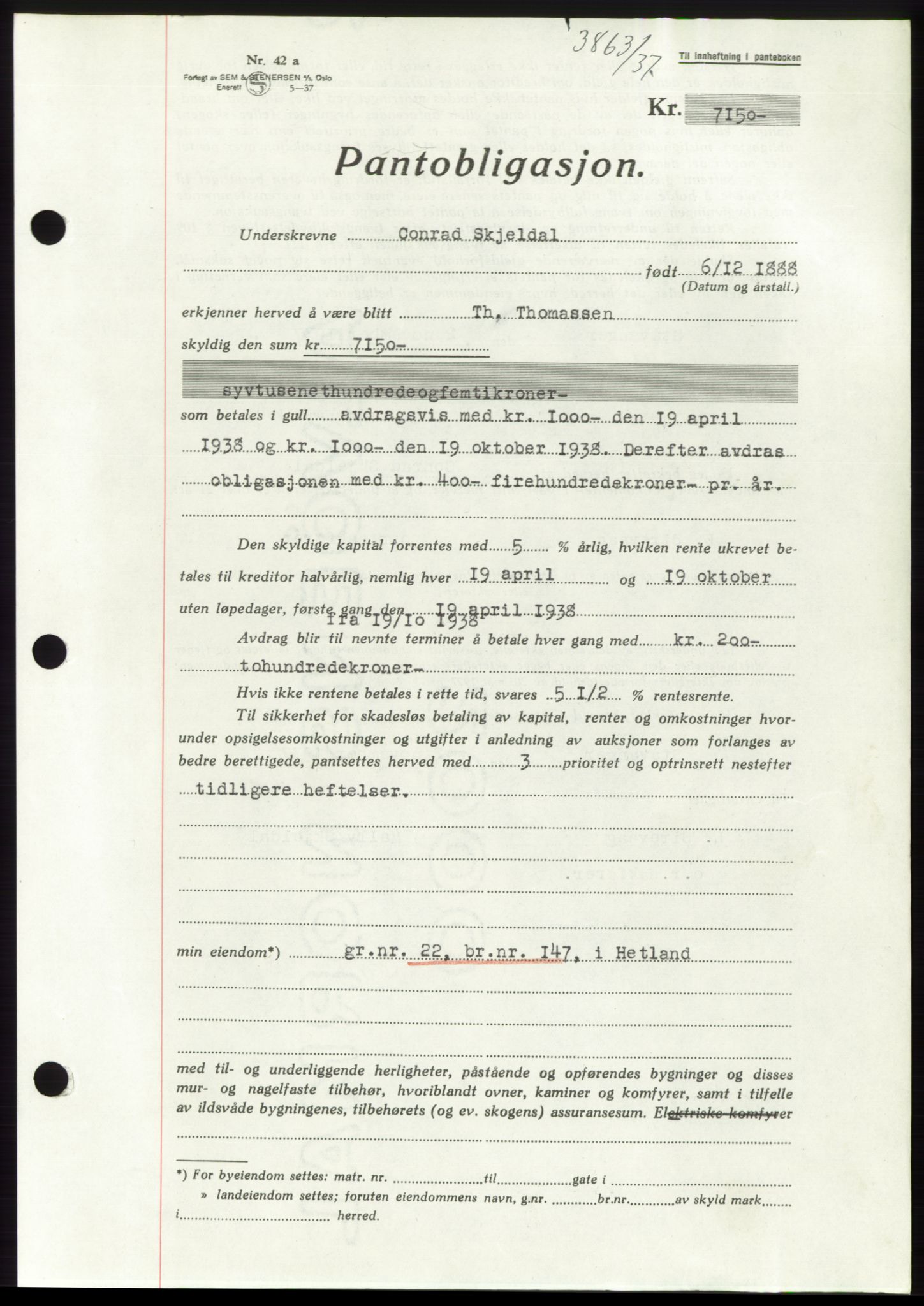 Jæren sorenskriveri, SAST/A-100310/03/G/Gba/L0069: Mortgage book, 1937-1937, Diary no: : 3863/1937