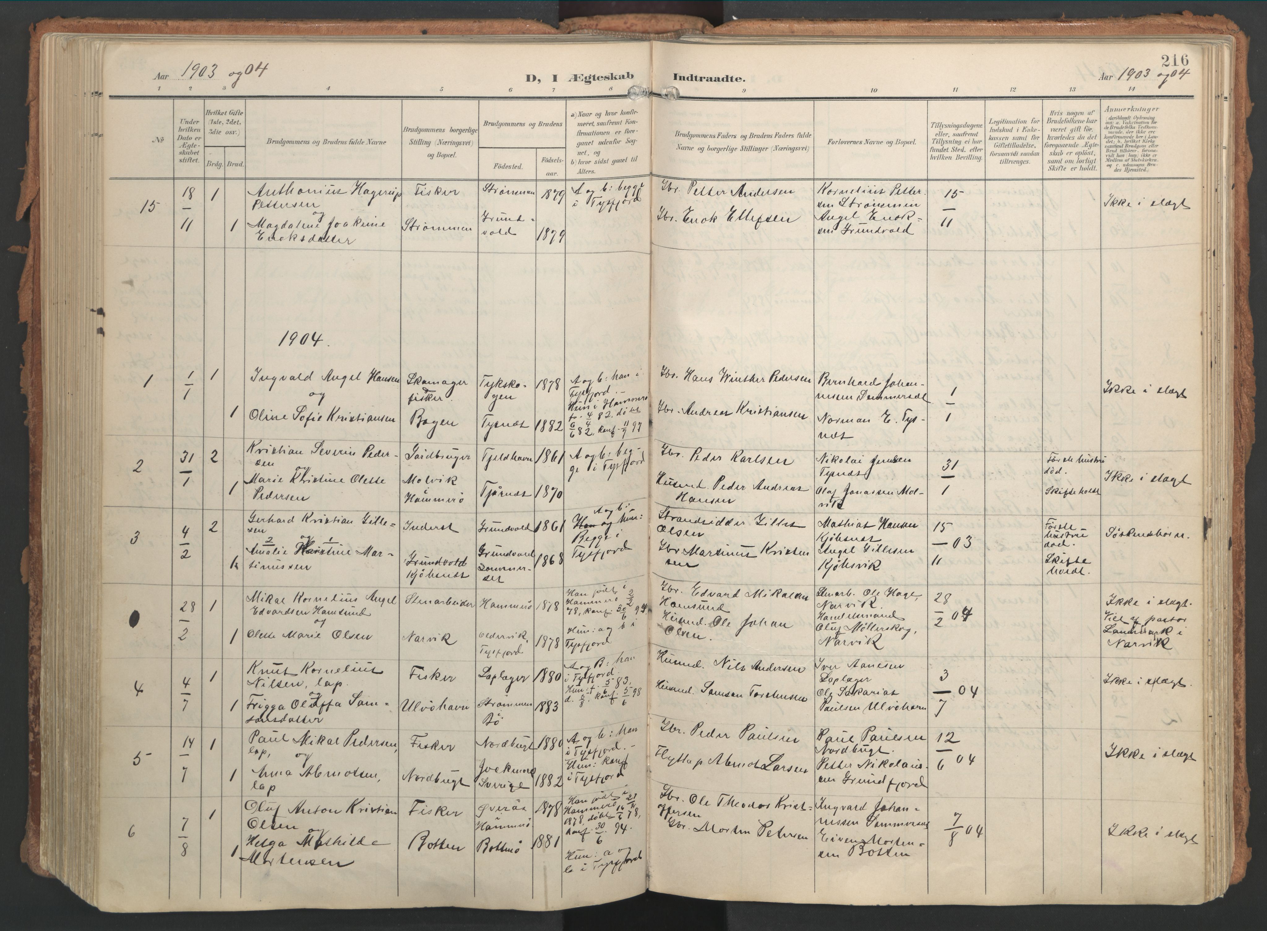 Ministerialprotokoller, klokkerbøker og fødselsregistre - Nordland, AV/SAT-A-1459/861/L0871: Parish register (official) no. 861A06, 1903-1916, p. 216