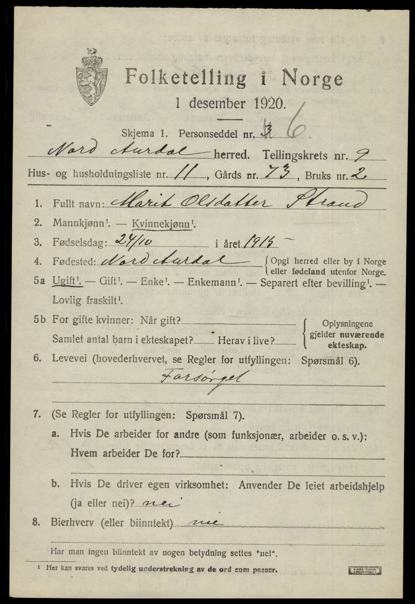 SAH, 1920 census for Nord-Aurdal, 1920, p. 7628