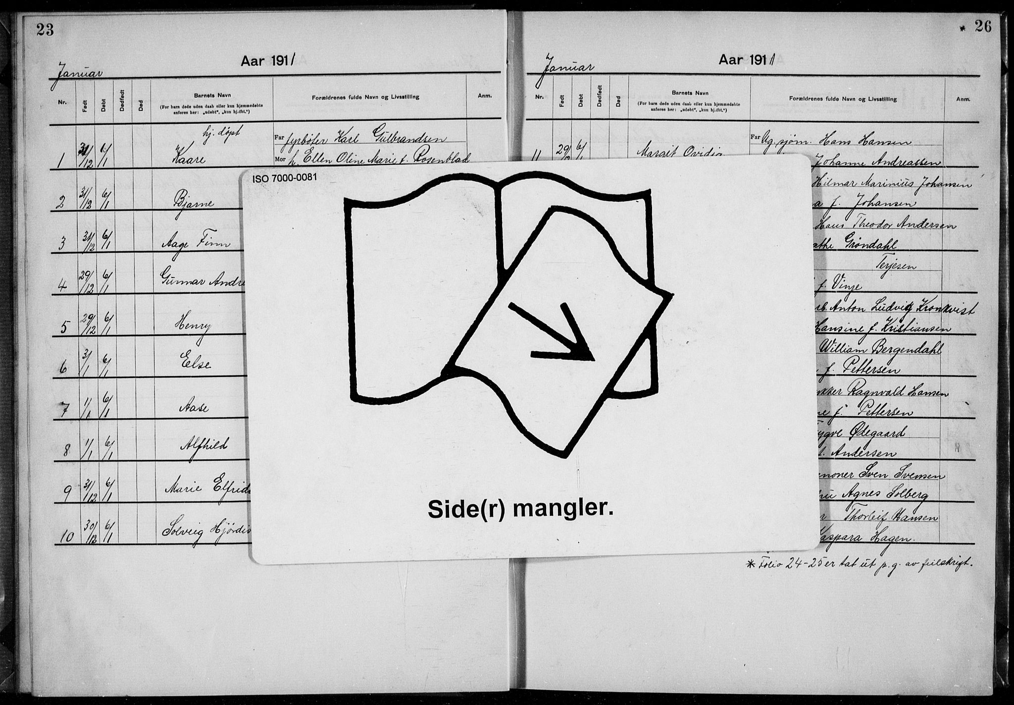 Rikshospitalet prestekontor Kirkebøker, AV/SAO-A-10309b/K/L0007/0001: Baptism register no. 7.1, 1910-1912, p. 23-24