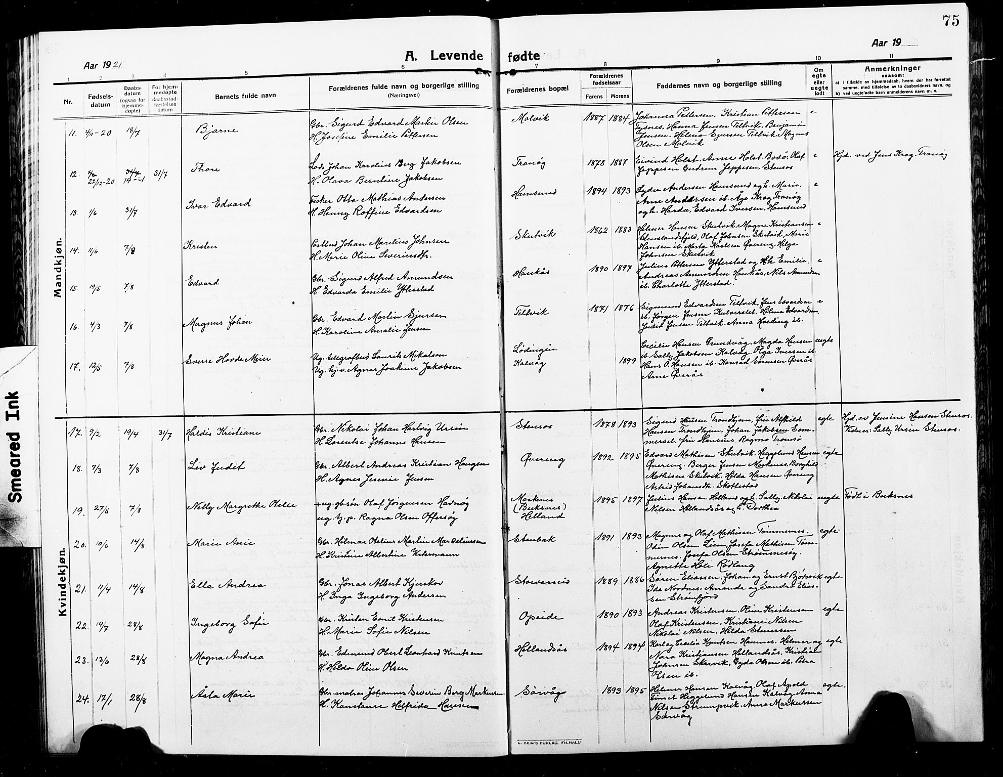 Ministerialprotokoller, klokkerbøker og fødselsregistre - Nordland, AV/SAT-A-1459/859/L0861: Parish register (copy) no. 859C07, 1910-1925, p. 75