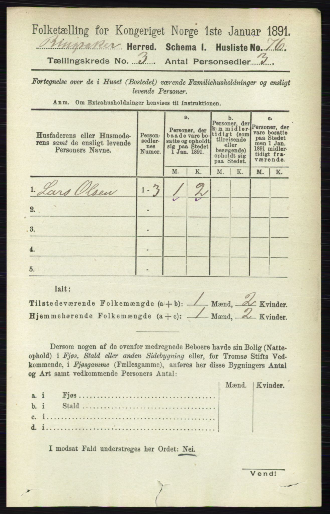 RA, 1891 census for 0412 Ringsaker, 1891, p. 1237