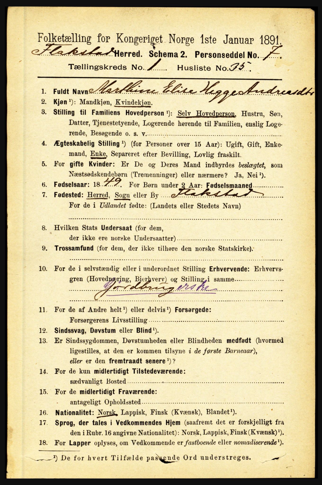 RA, 1891 census for 1859 Flakstad, 1891, p. 376