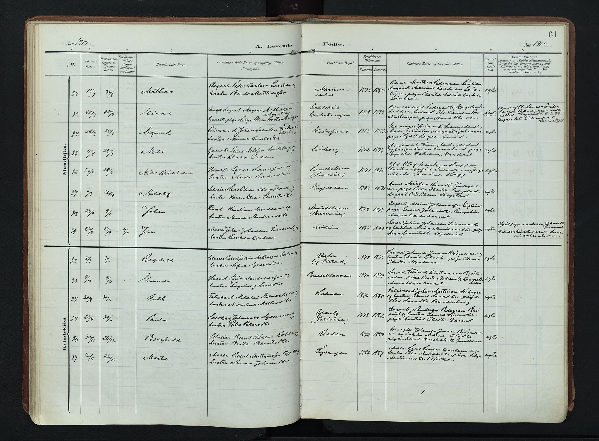 Søndre Land prestekontor, AV/SAH-PREST-122/K/L0007: Parish register (official) no. 7, 1905-1914, p. 61