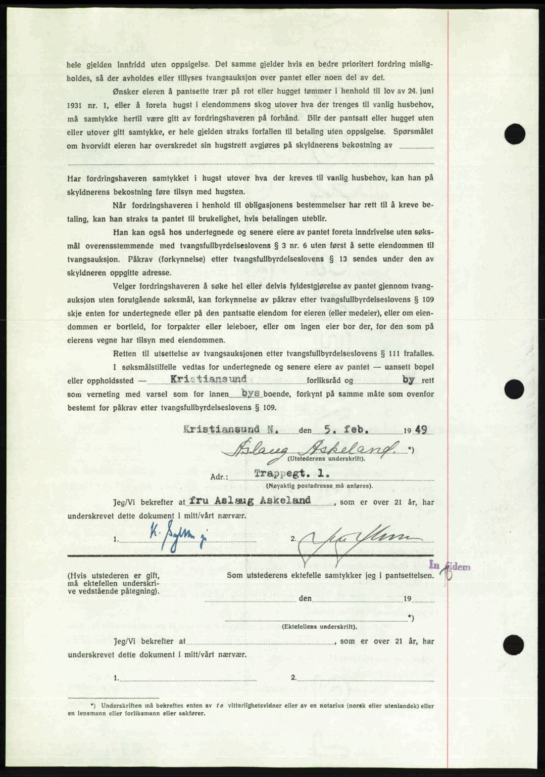 Kristiansund byfogd, AV/SAT-A-4587/A/27: Mortgage book no. 45, 1948-1949, Diary no: : 193/1949